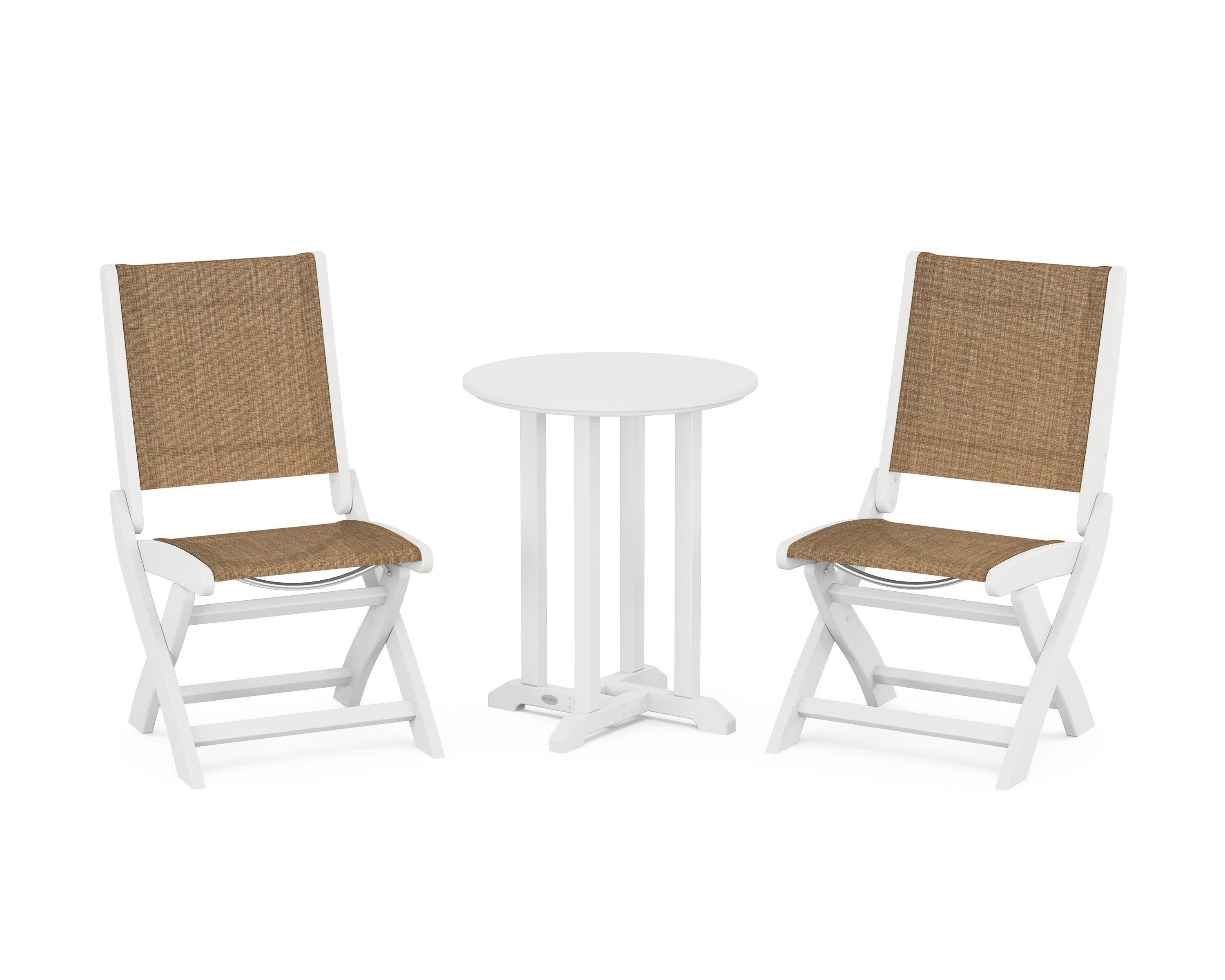 Coastal Folding Side Chair 3-Piece Round Bistro Dining Set in White / Burlap Sling