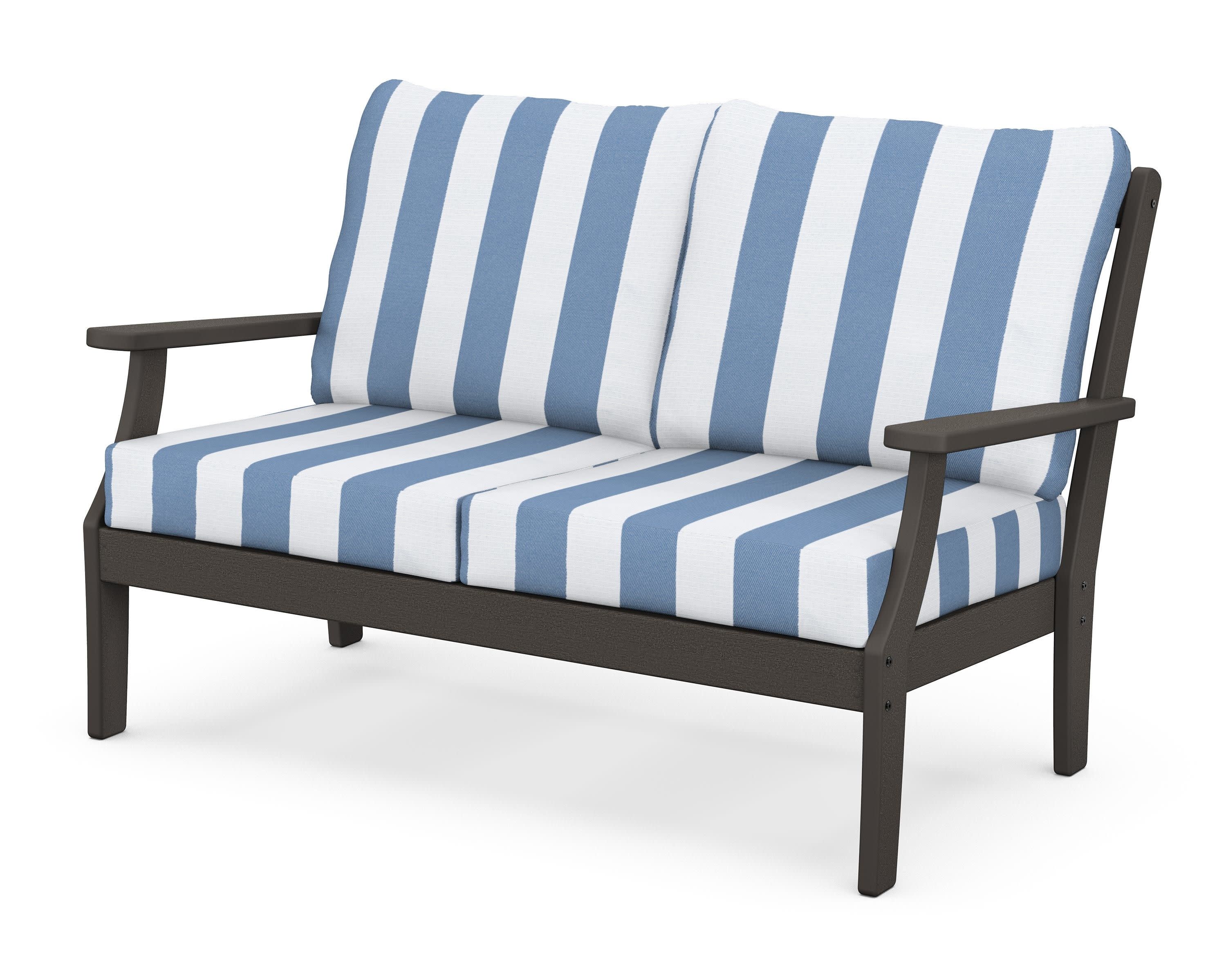 Braxton Deep Seating Loveseat in Vintage Coffee / Cabana Stripe Sky Blue