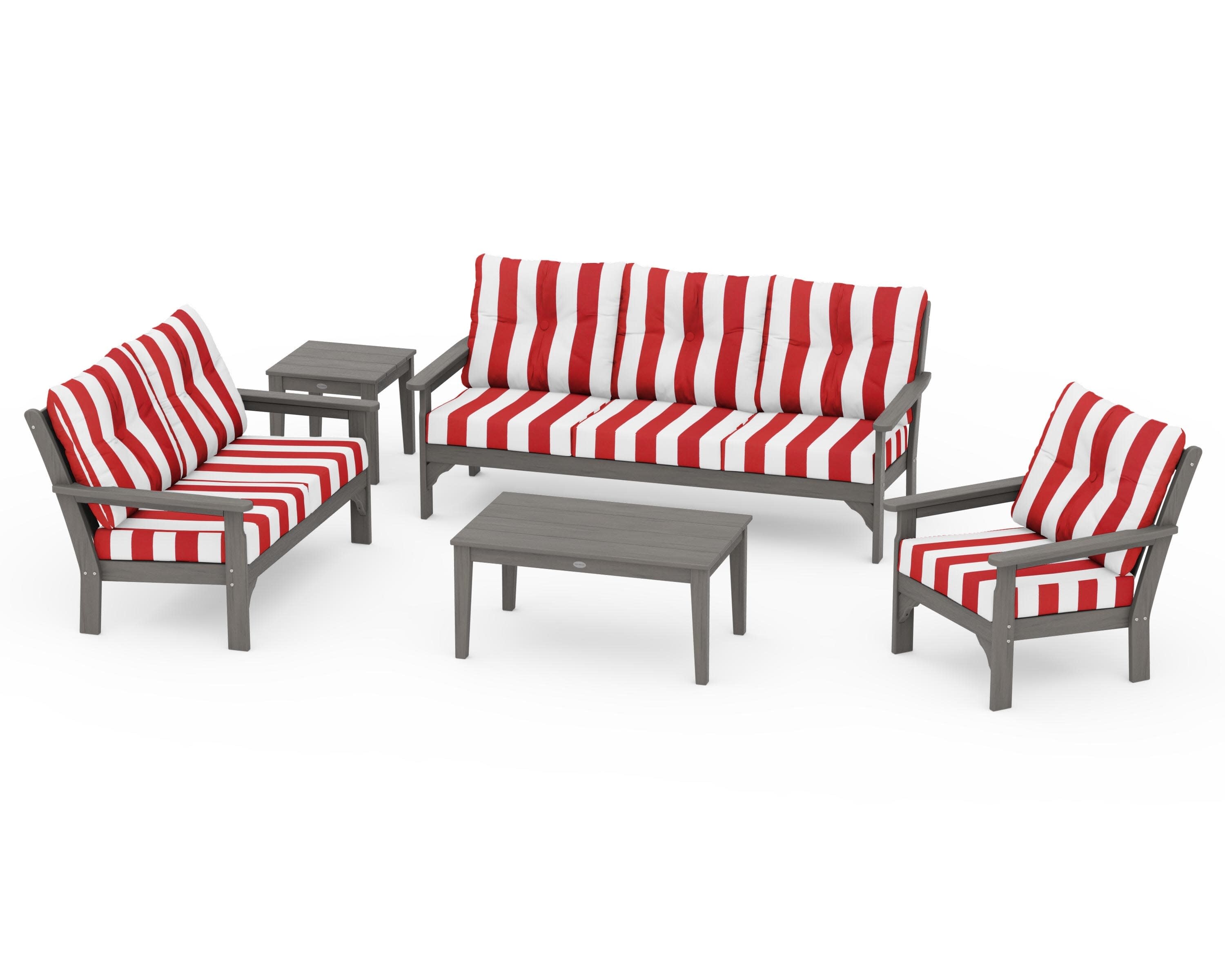 Vineyard 5 Piece Deep Seating Set in Driftwood / Cabana Stripe Crimson