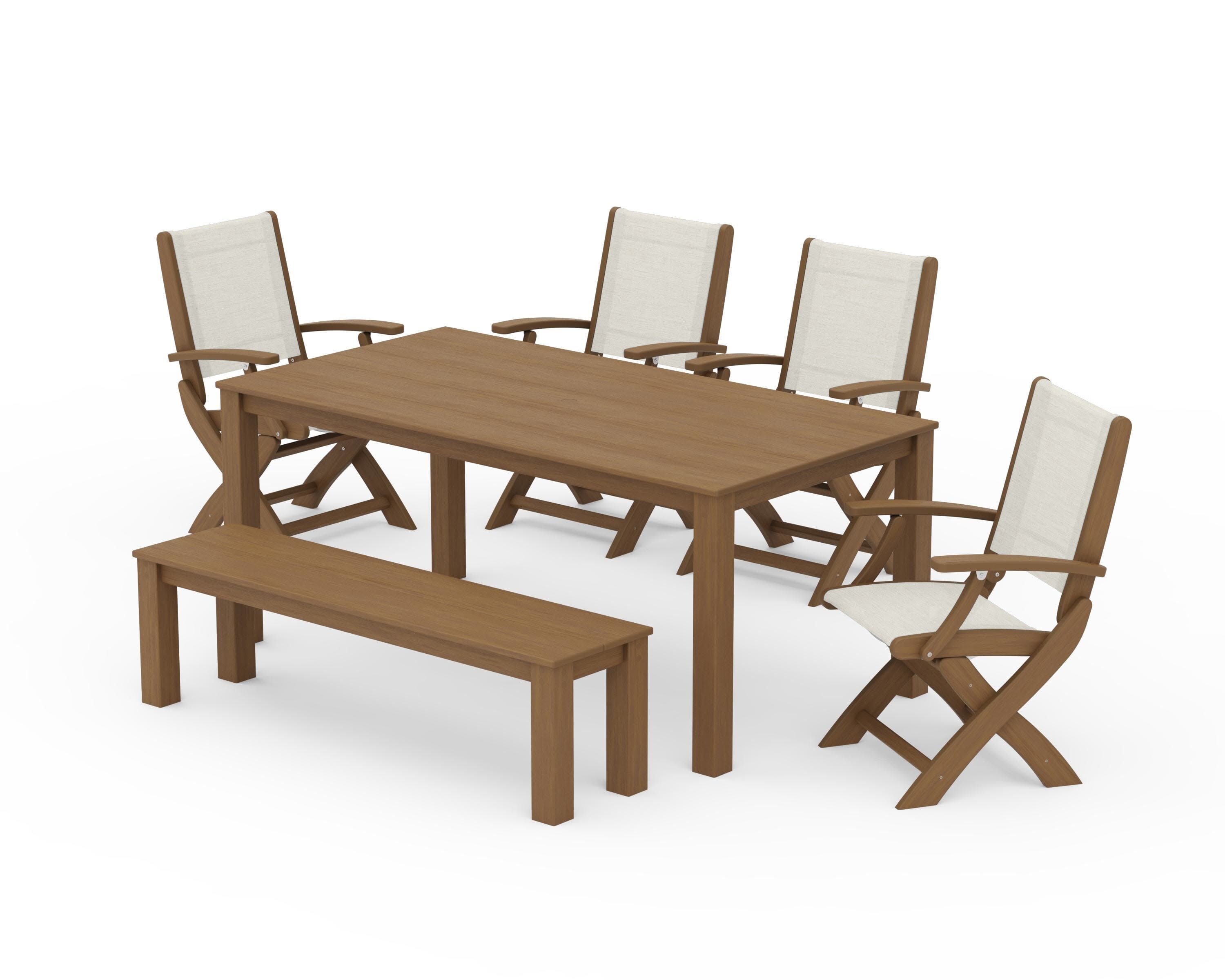 Coastal Folding Chair 6-Piece Parsons Dining Set with Bench in Natural / Parchment Sling