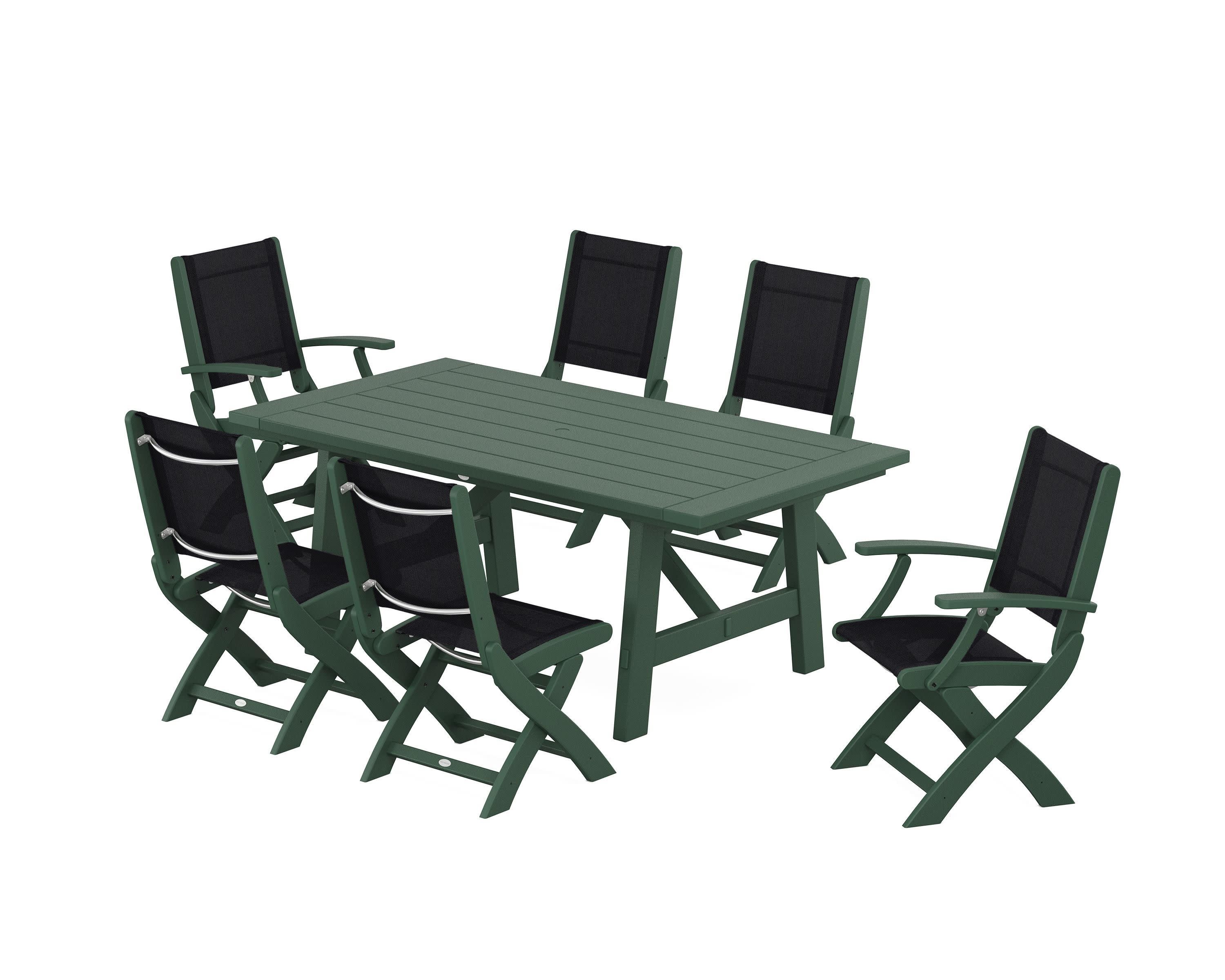 Coastal Folding Chair 7-Piece Rustic Farmhouse Dining Set in Green / Black Sling