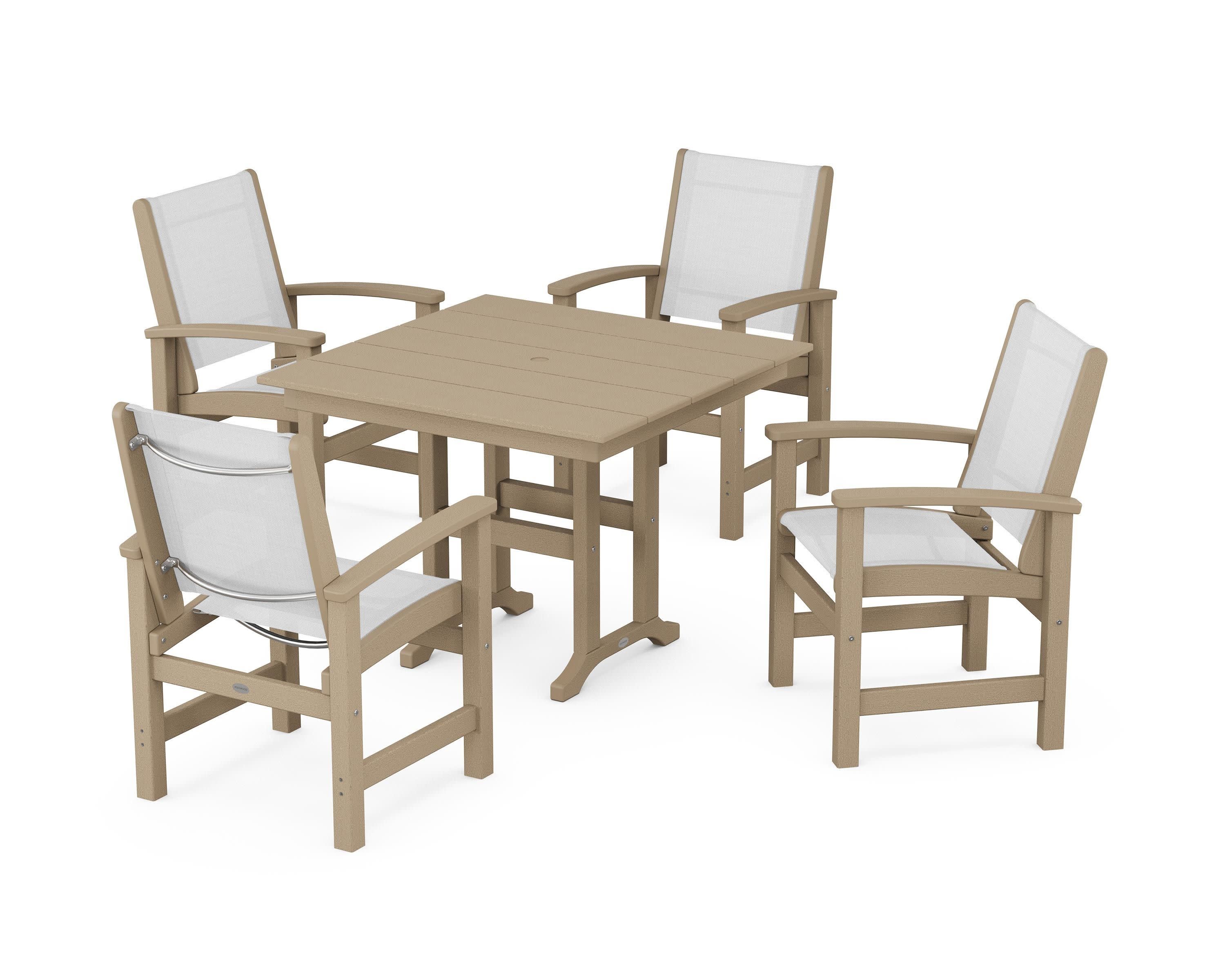 Coastal 5-Piece Farmhouse Dining Set in Vintage Sahara / White Sling