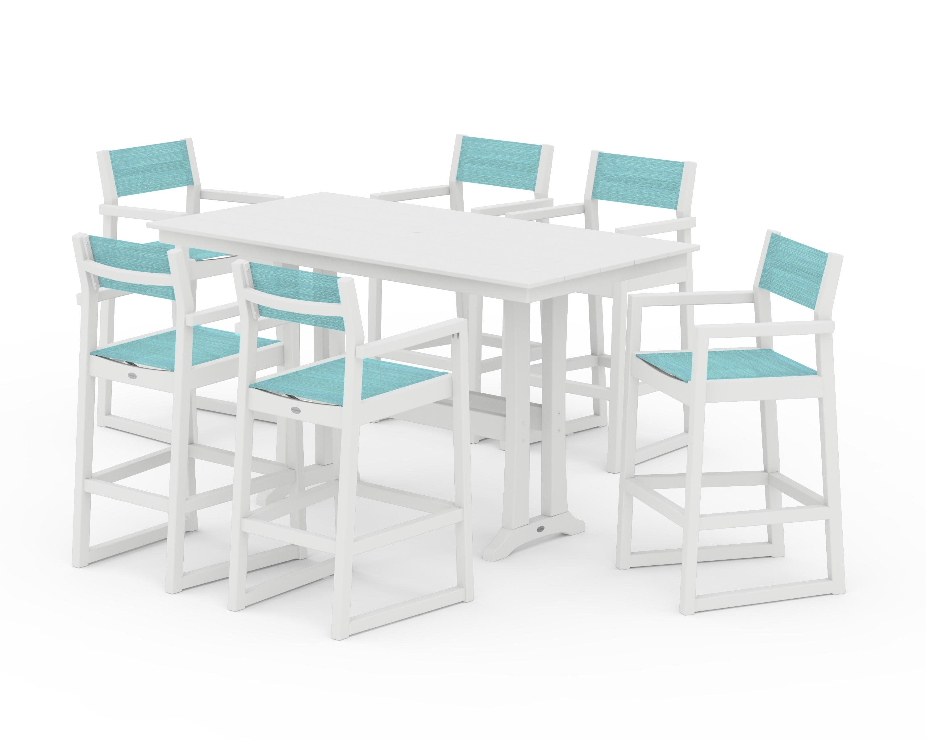 EDGE Sling Arm Chair 7-Piece Farmhouse Bar Set with Trestle Legs in White / Dupioni Aquamarine Sling