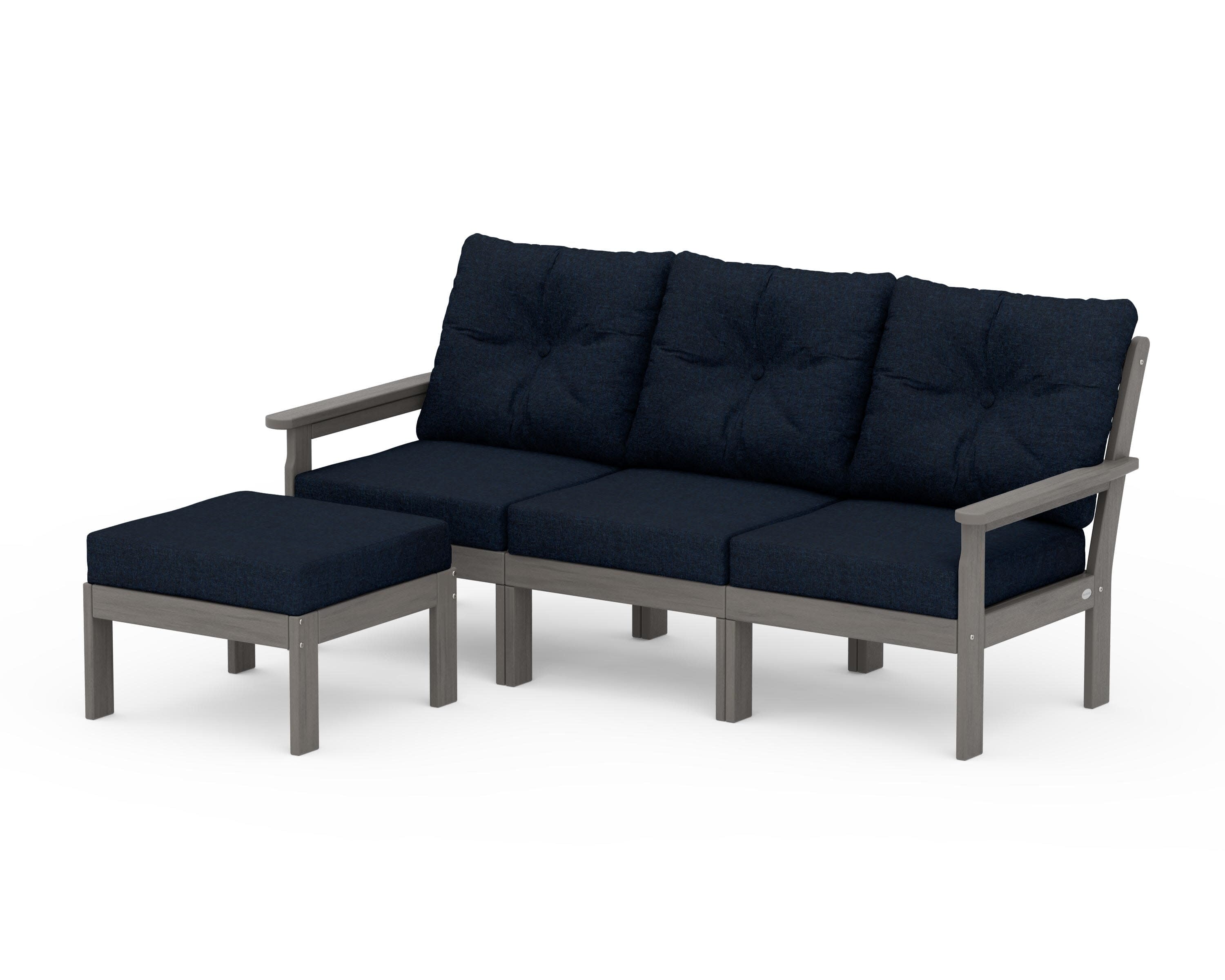 Vineyard 4-Piece Sectional with Ottoman in Driftwood / Marine Indigo