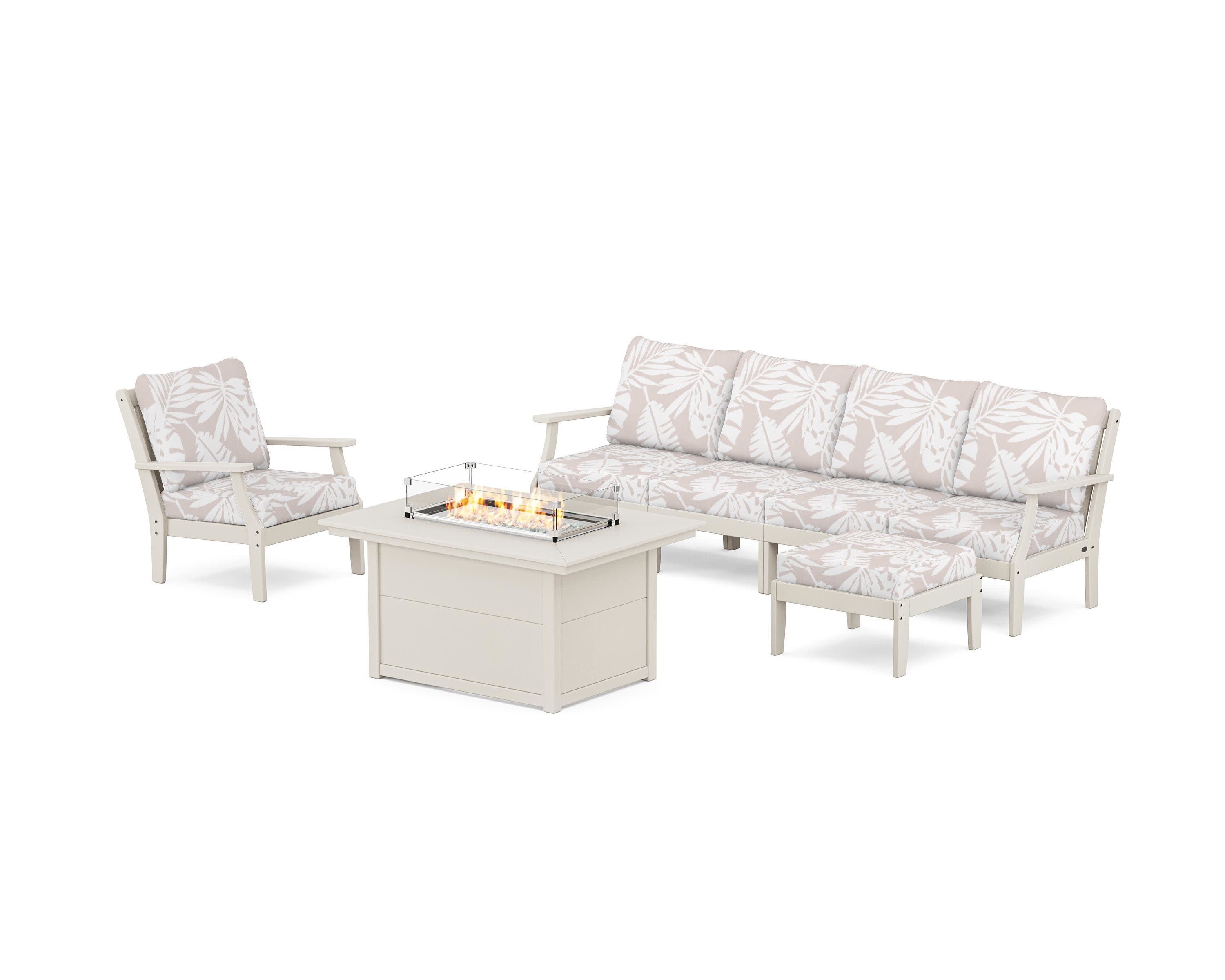 Braxton Sectional Lounge and Fire Pit Set in Sand / Leaf Dune Burlap