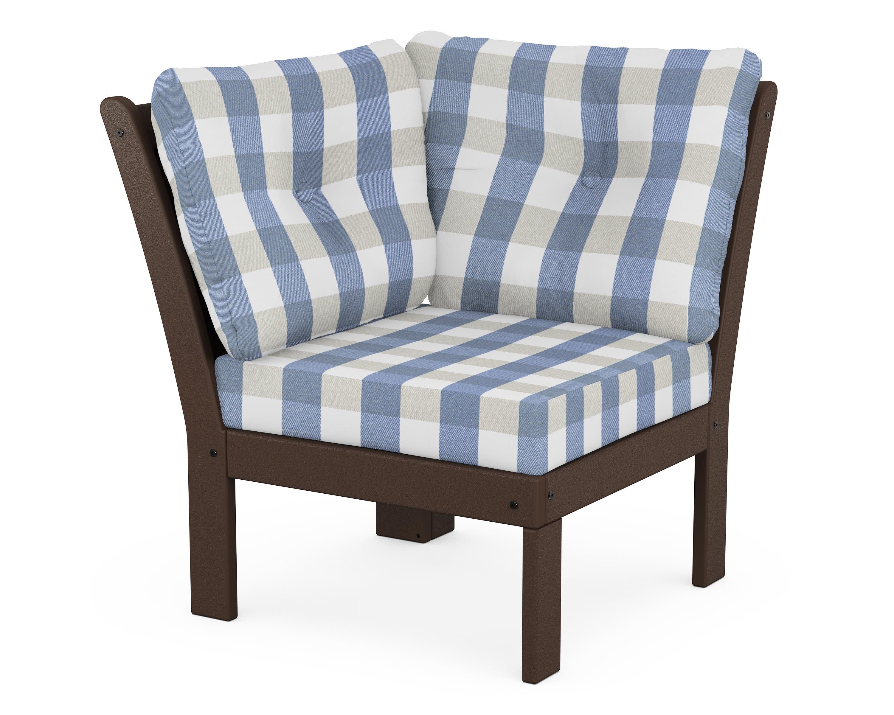 Vineyard Modular Corner Chair in Mahogany / Buffalo Plaid Sky Blue