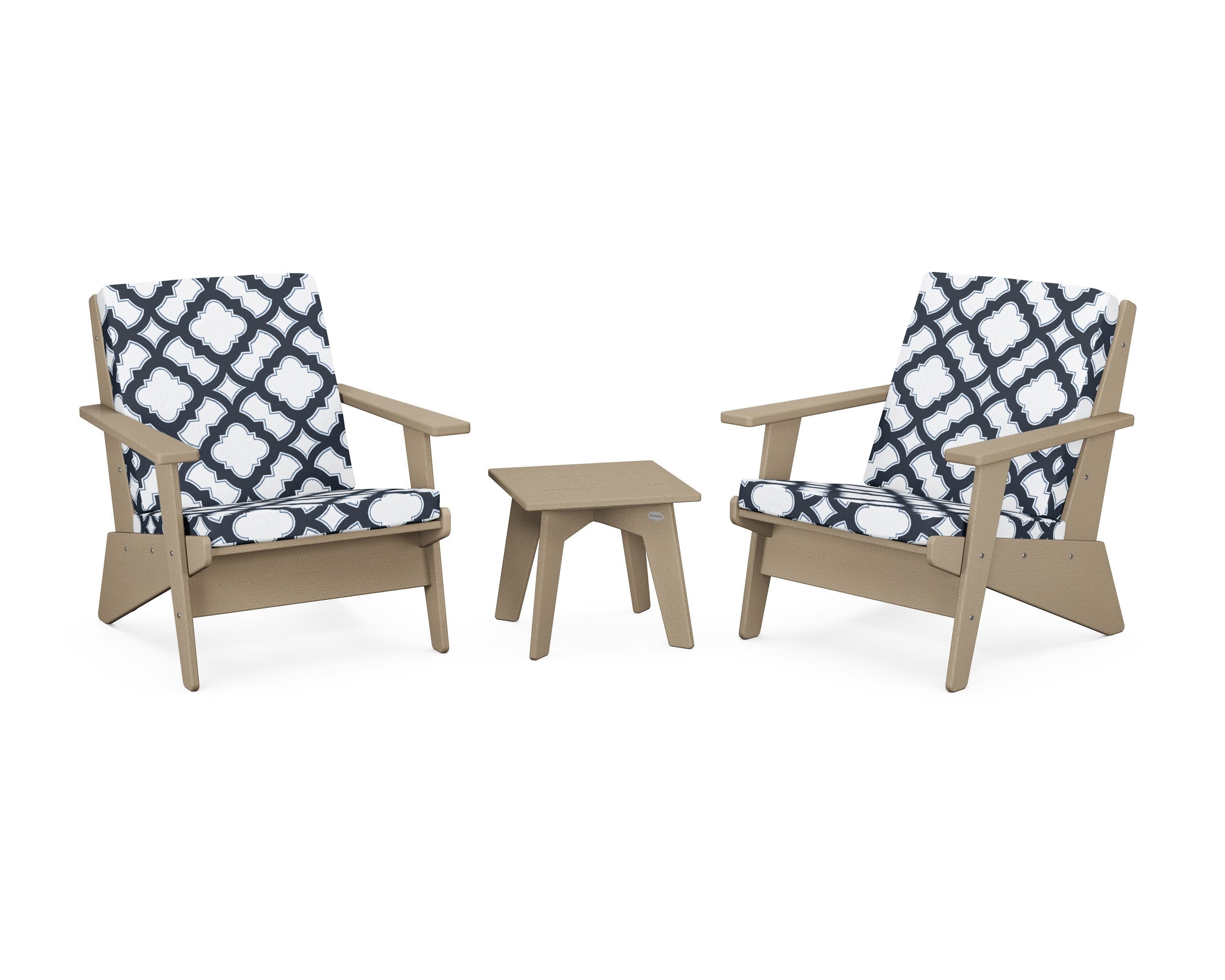 Riviera Modern Lounge 3-Piece Set in Vintage Sahara / Trellis Marine Indigo