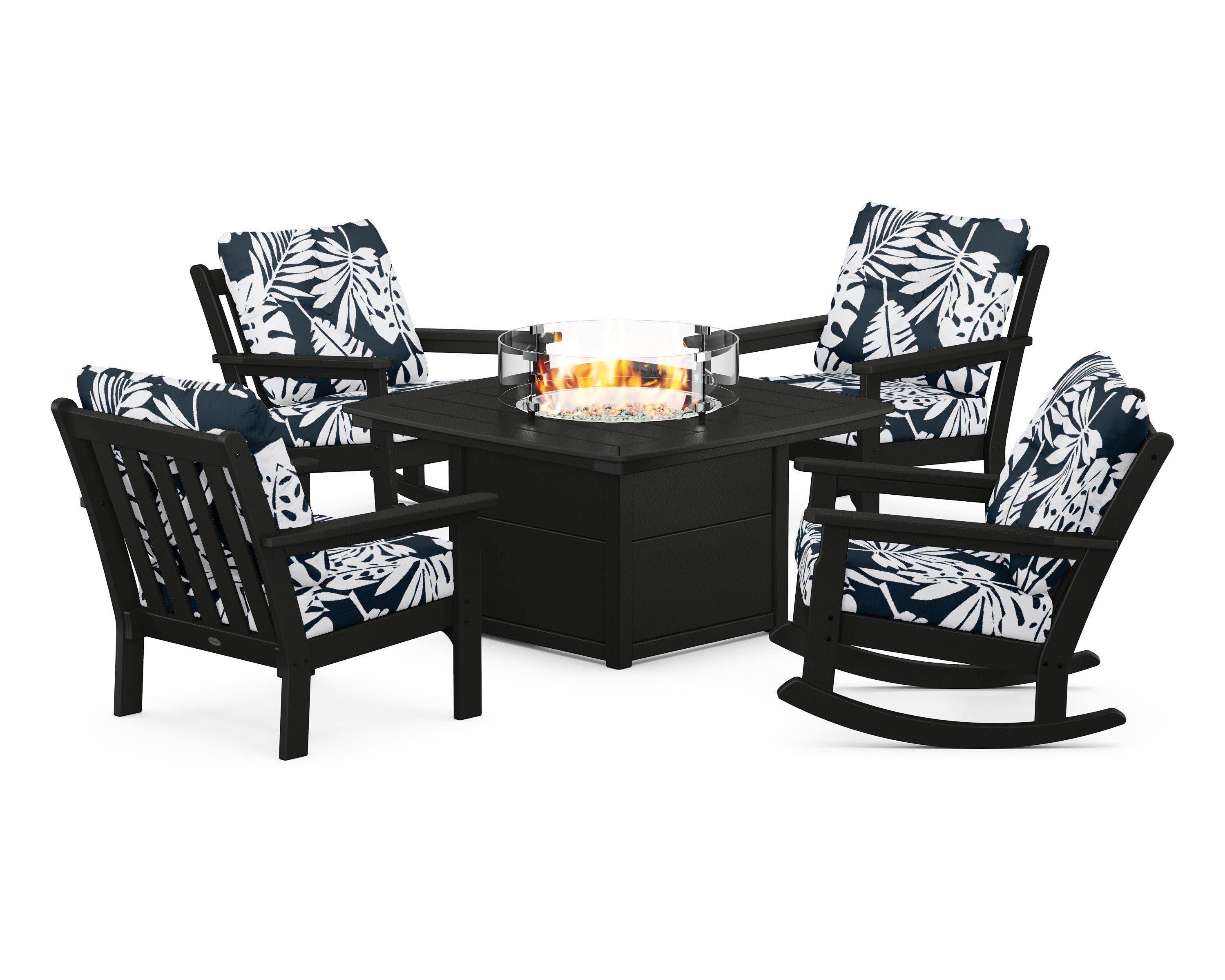 Vineyard 5-Piece Deep Seating Rocking Chair Conversation Set with Fire Pit Table in Black / Leaf Marine Indigo