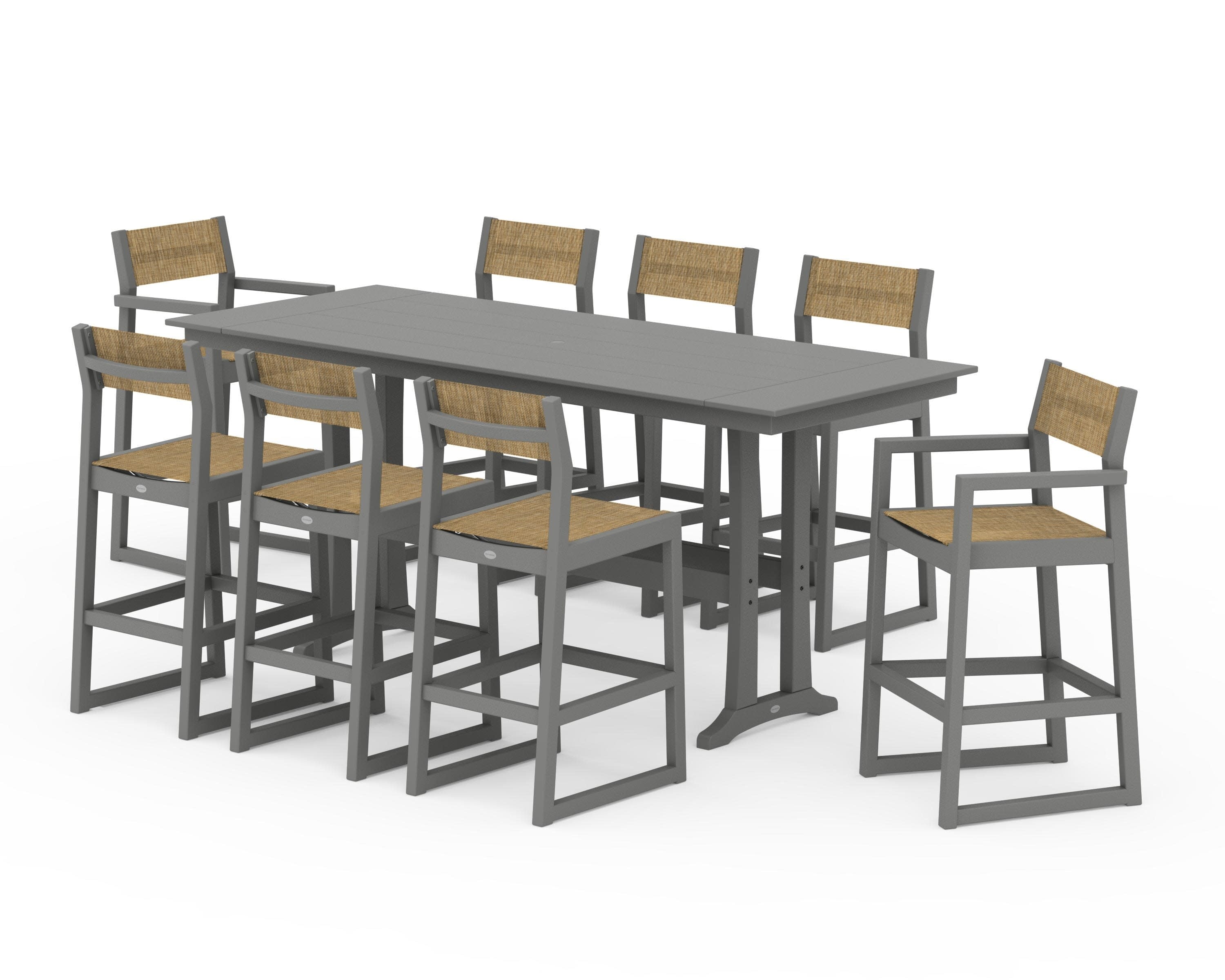 EDGE Sling 9-Piece Farmhouse Bar Set with Trestle Legs in Slate Grey / Burlap Sling