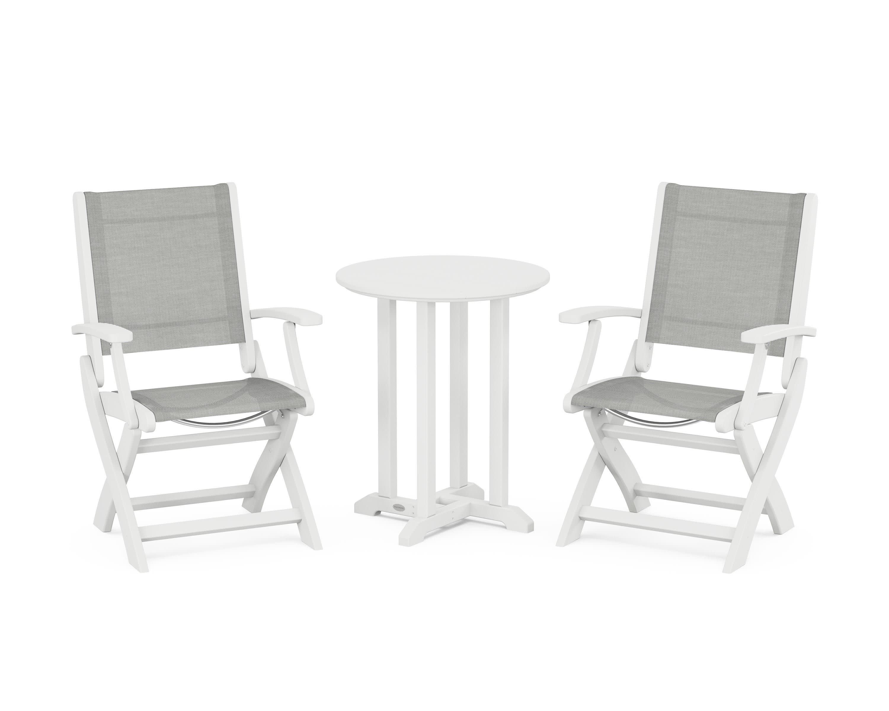 Coastal Folding 3-Piece Round Bistro Dining Set in White / Metallic Sling
