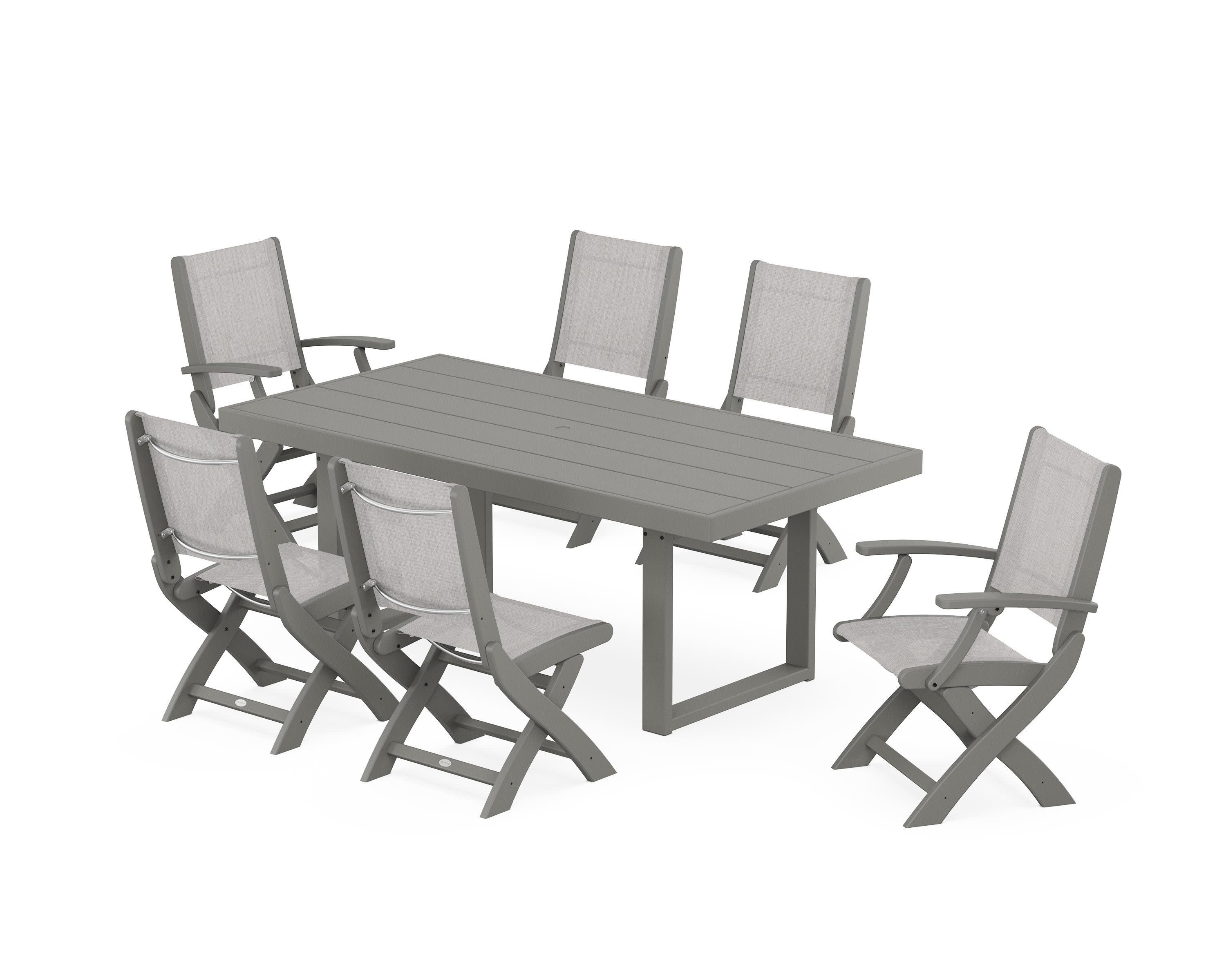 Coastal Folding Chair 7-Piece Dining Set with Trestle Legs in Slate Grey / Parchment Sling