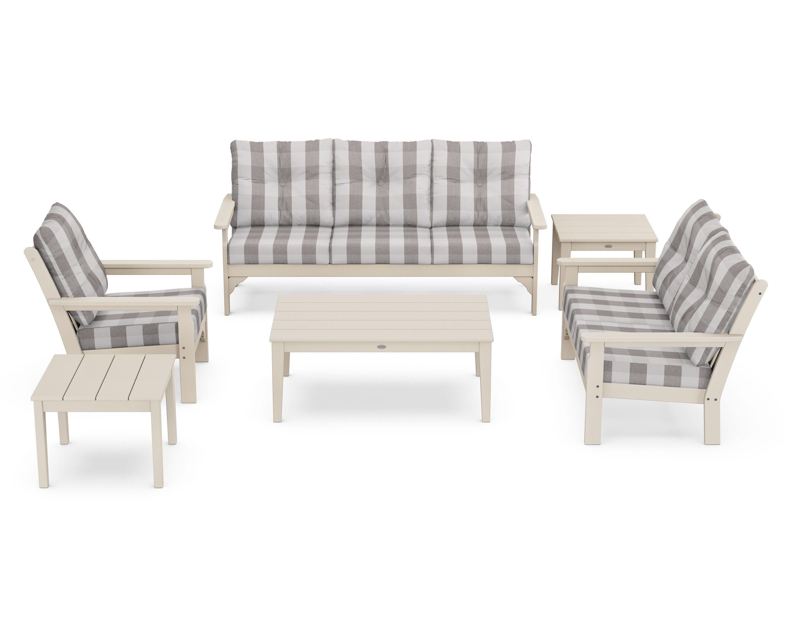 Vineyard 6-Piece Deep Seating Set in Sand / Buffalo Plaid Grey Mist
