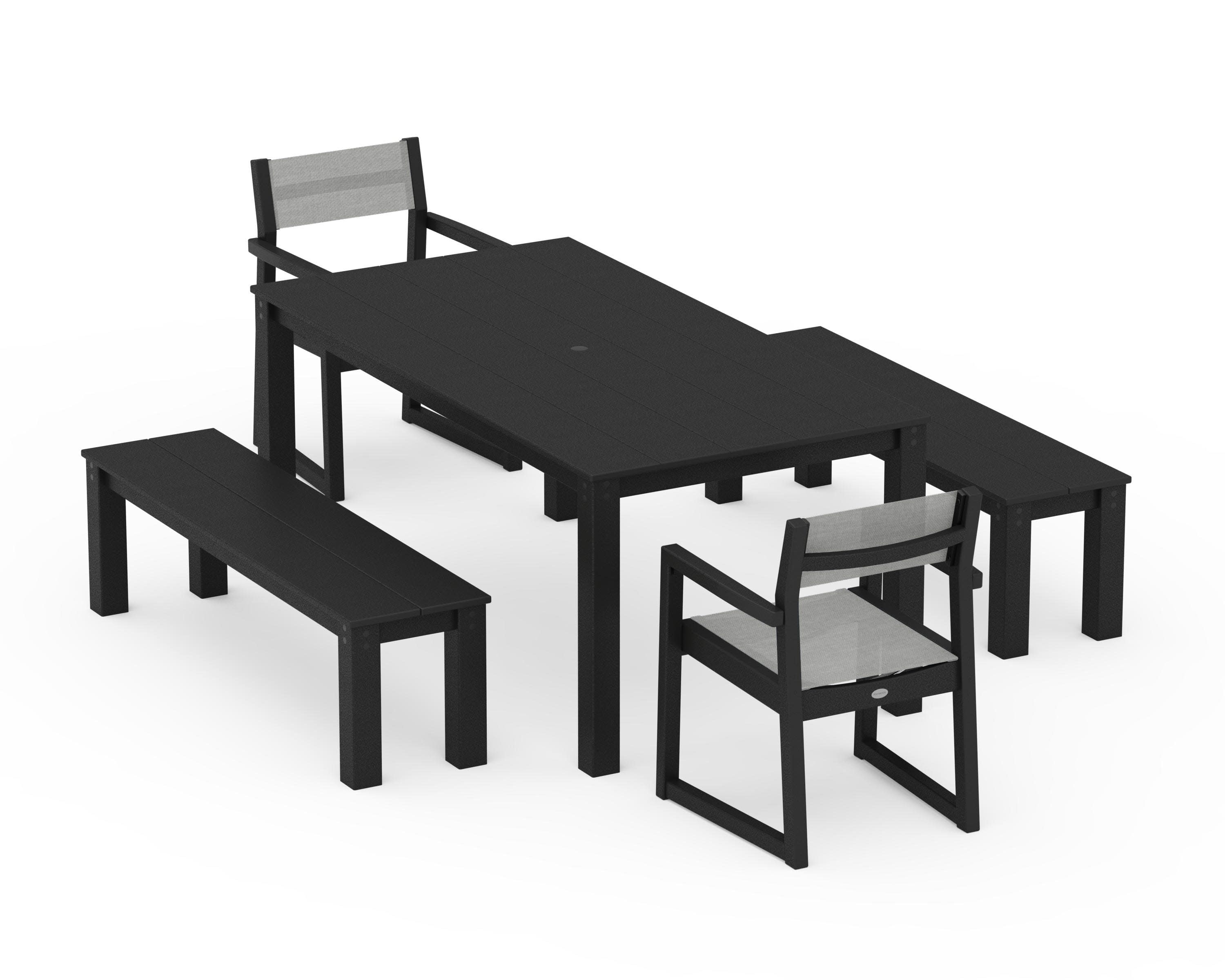 EDGE Sling Arm Chair 5-Piece Parsons Dining Set with Benches in Black / Metallic Sling