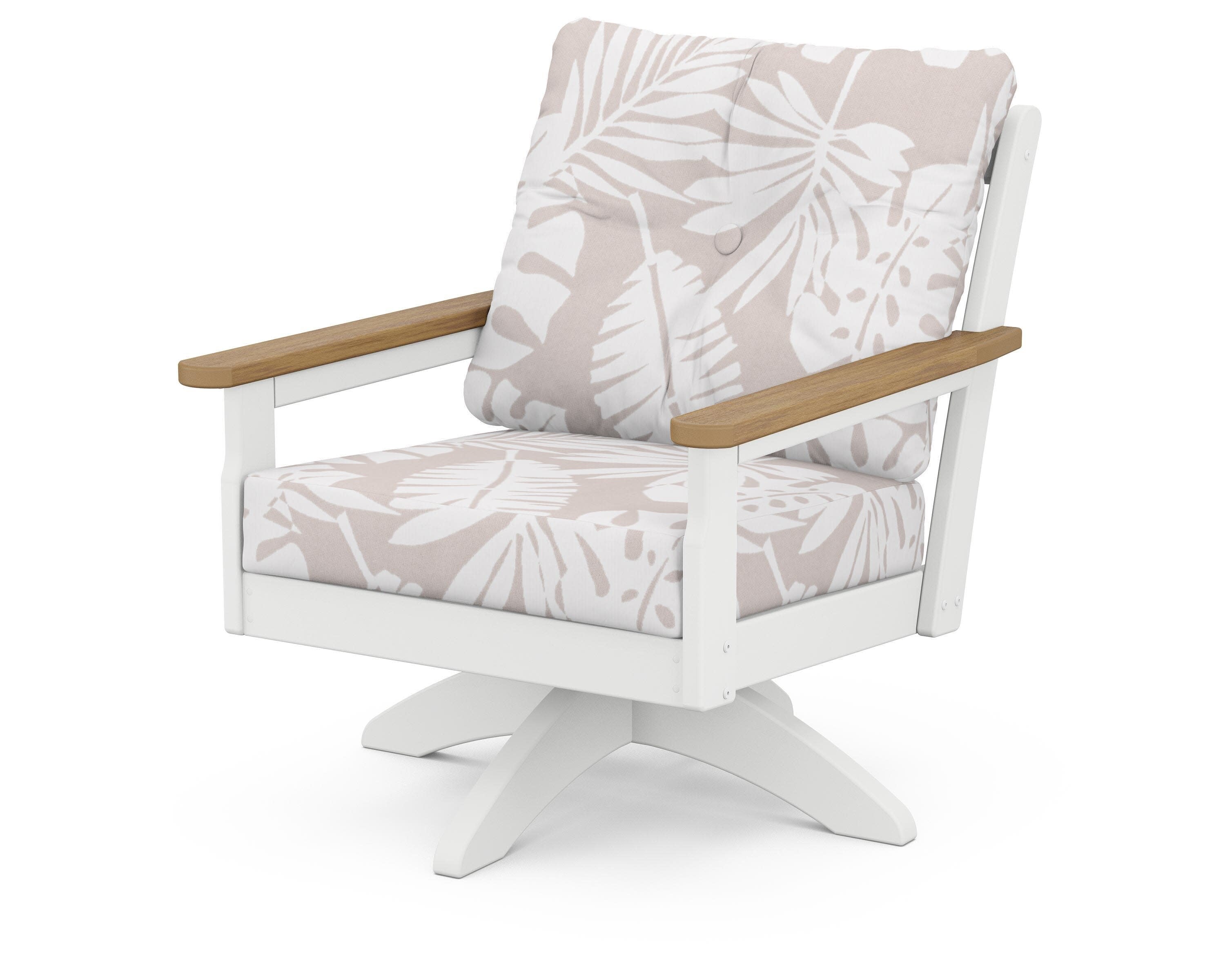 Vineyard Deep Seating Swivel Chair in White / Natural / Leaf Dune Burlap