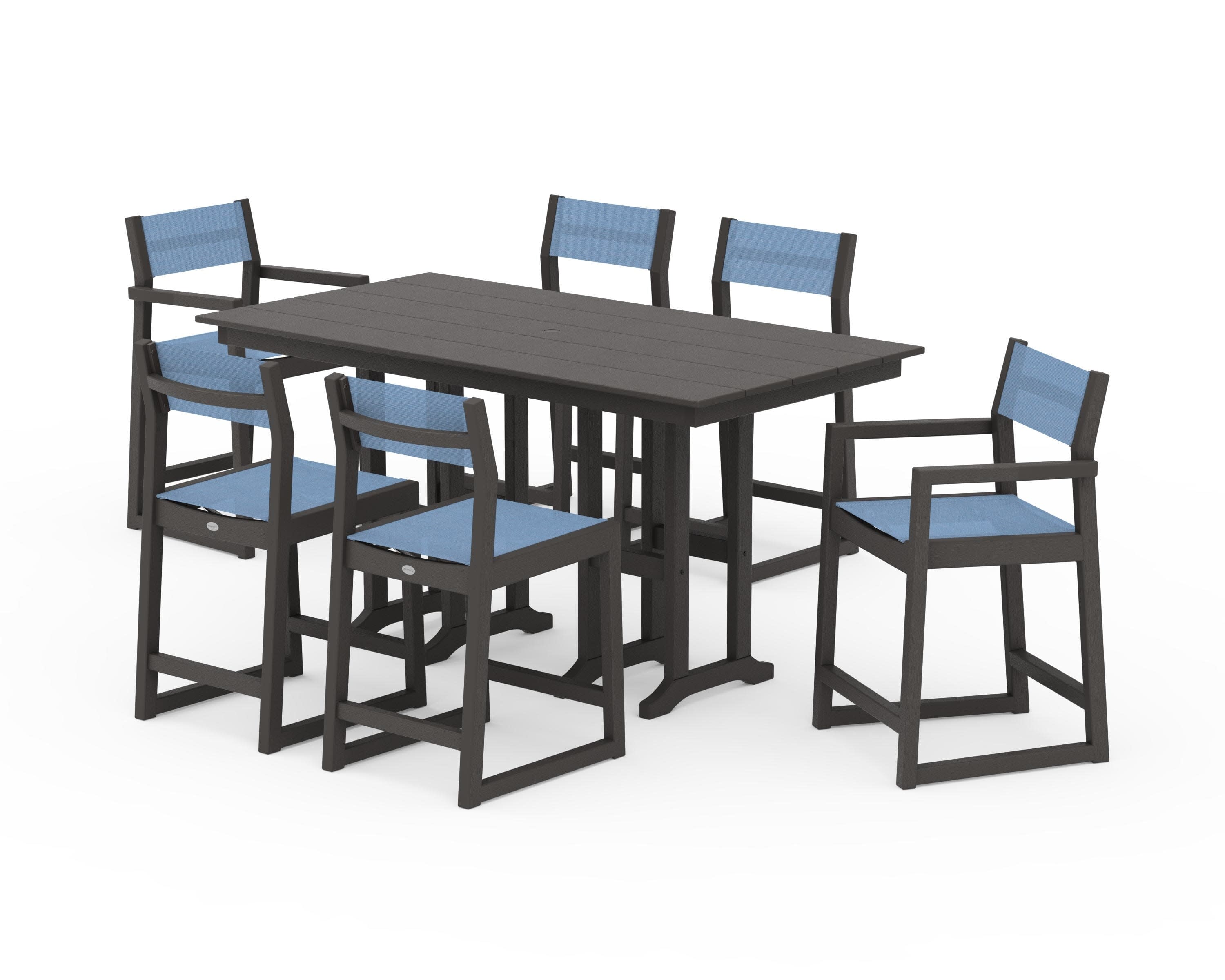 EDGE Sling 7-Piece Farmhouse Counter Set with Trestle Legs in Vintage Coffee / Poolside Sling
