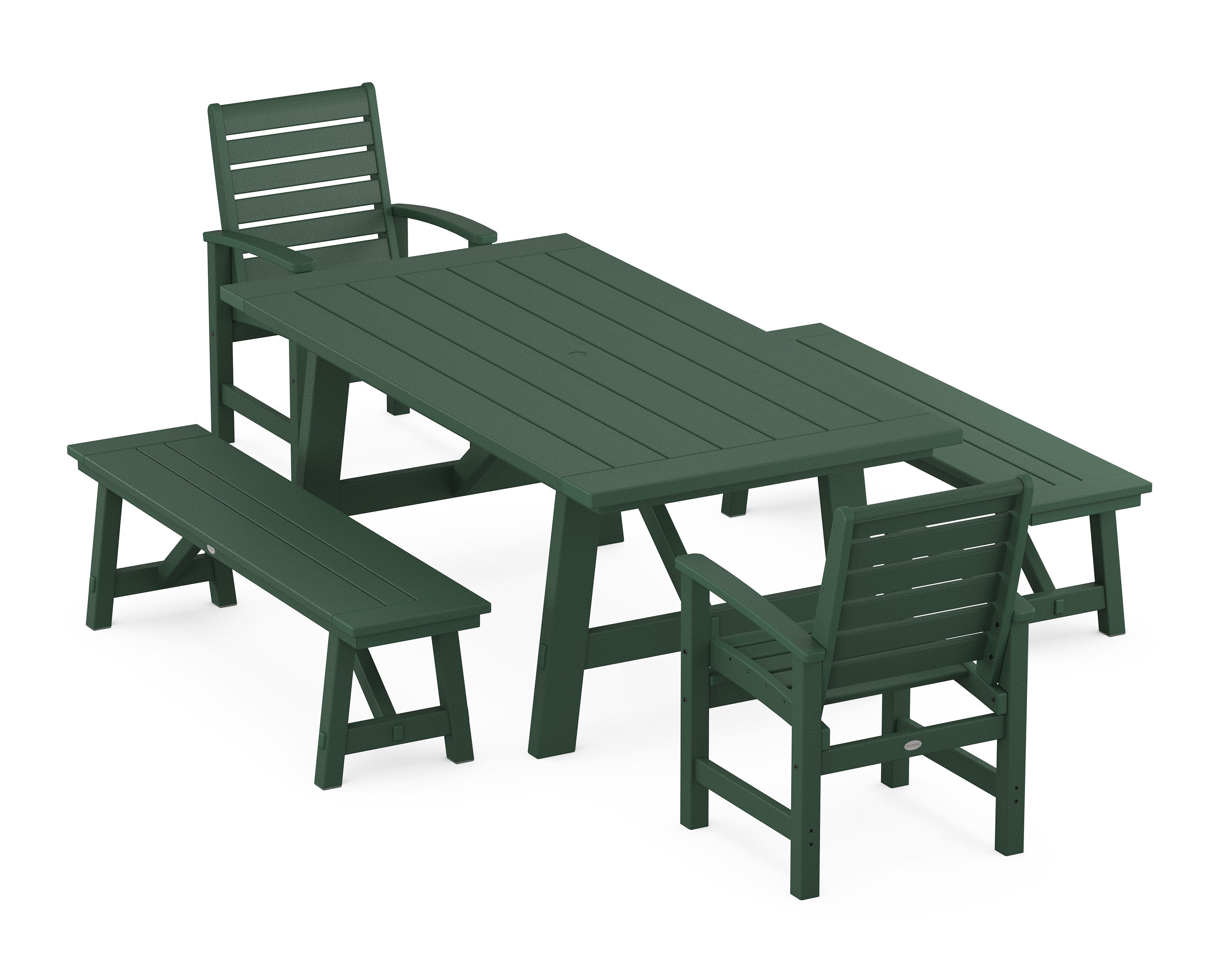 Signature 5-Piece Rustic Farmhouse Dining Set With Benches in Green