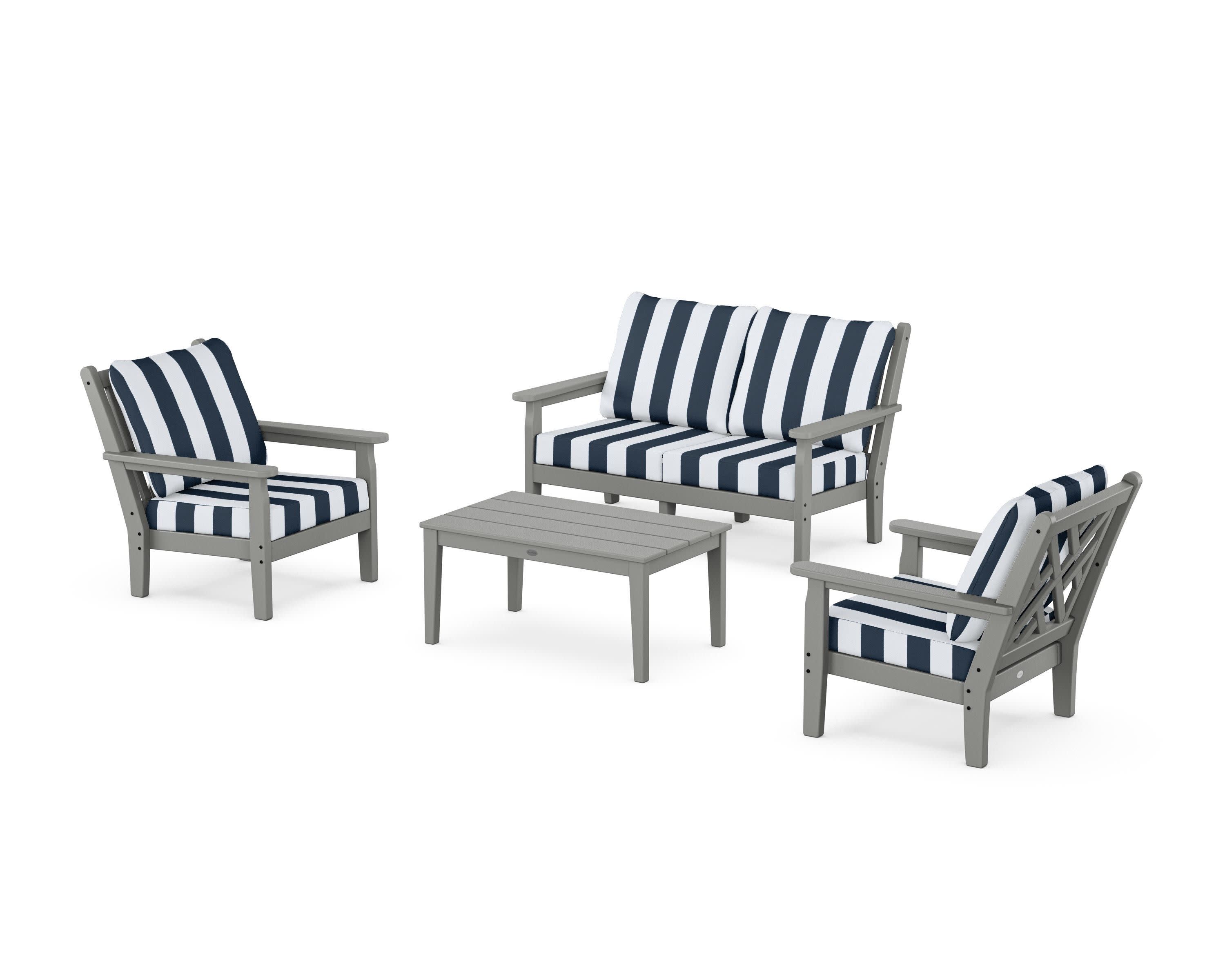 Chippendale 4-Piece Deep Seating Set with Loveseat in Slate Grey / Cabana Stripe Marine Indigo