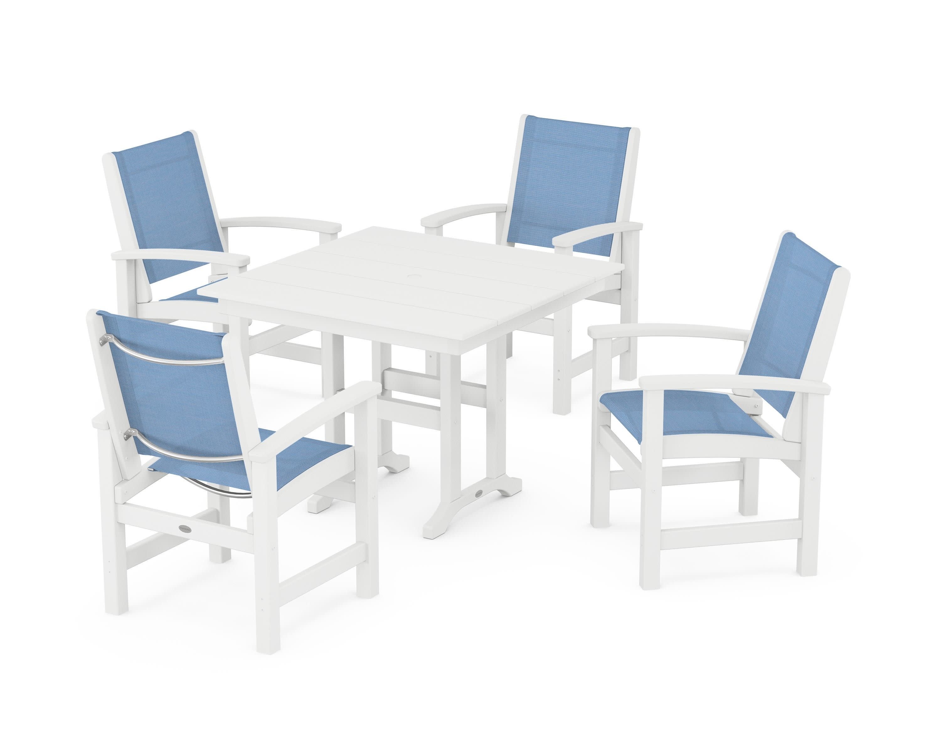 Coastal 5-Piece Farmhouse Dining Set in White / Poolside Sling