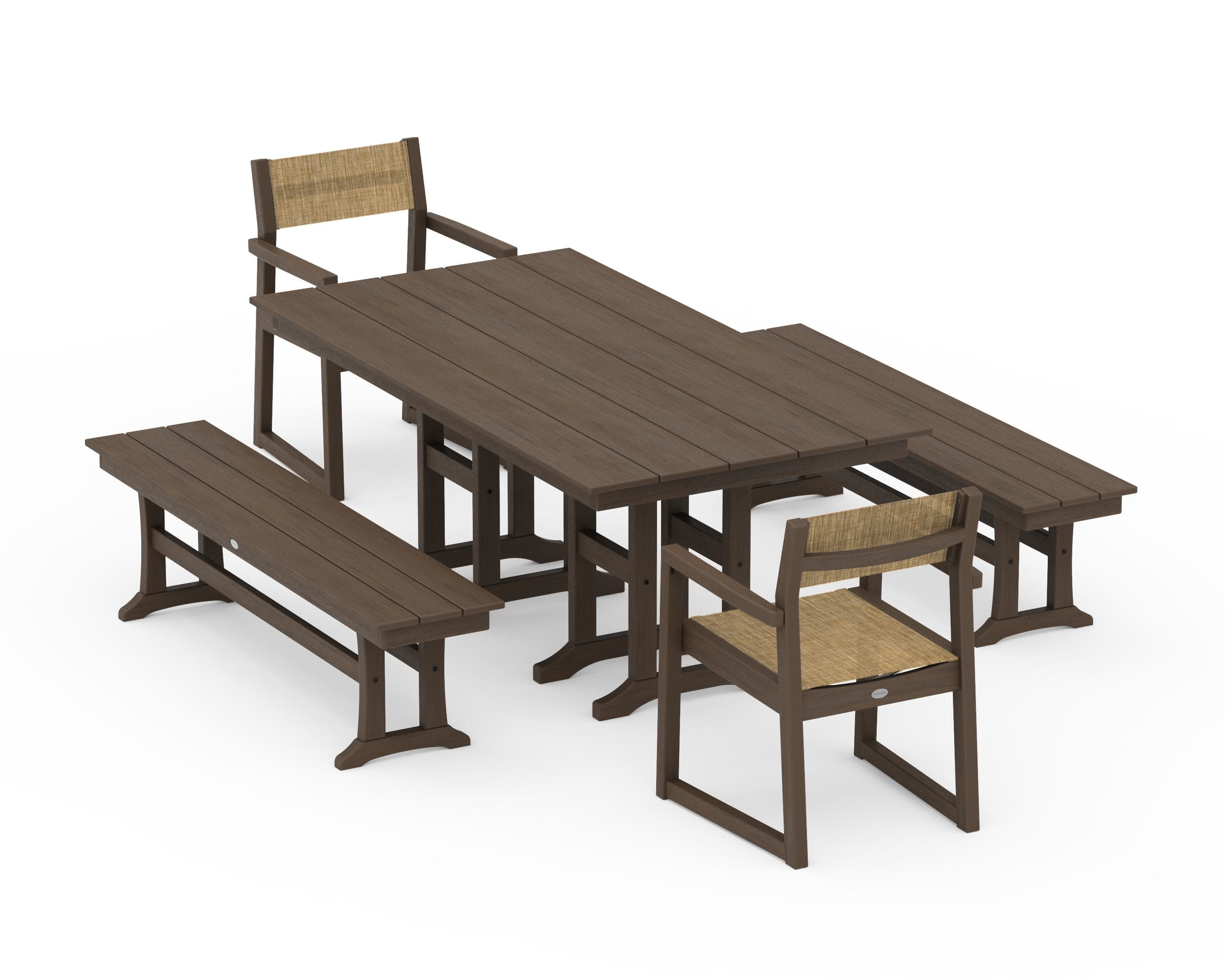 EDGE Sling Arm Chair 5-Piece Farmhouse Dining Set with Benches in Kona / Burlap Sling