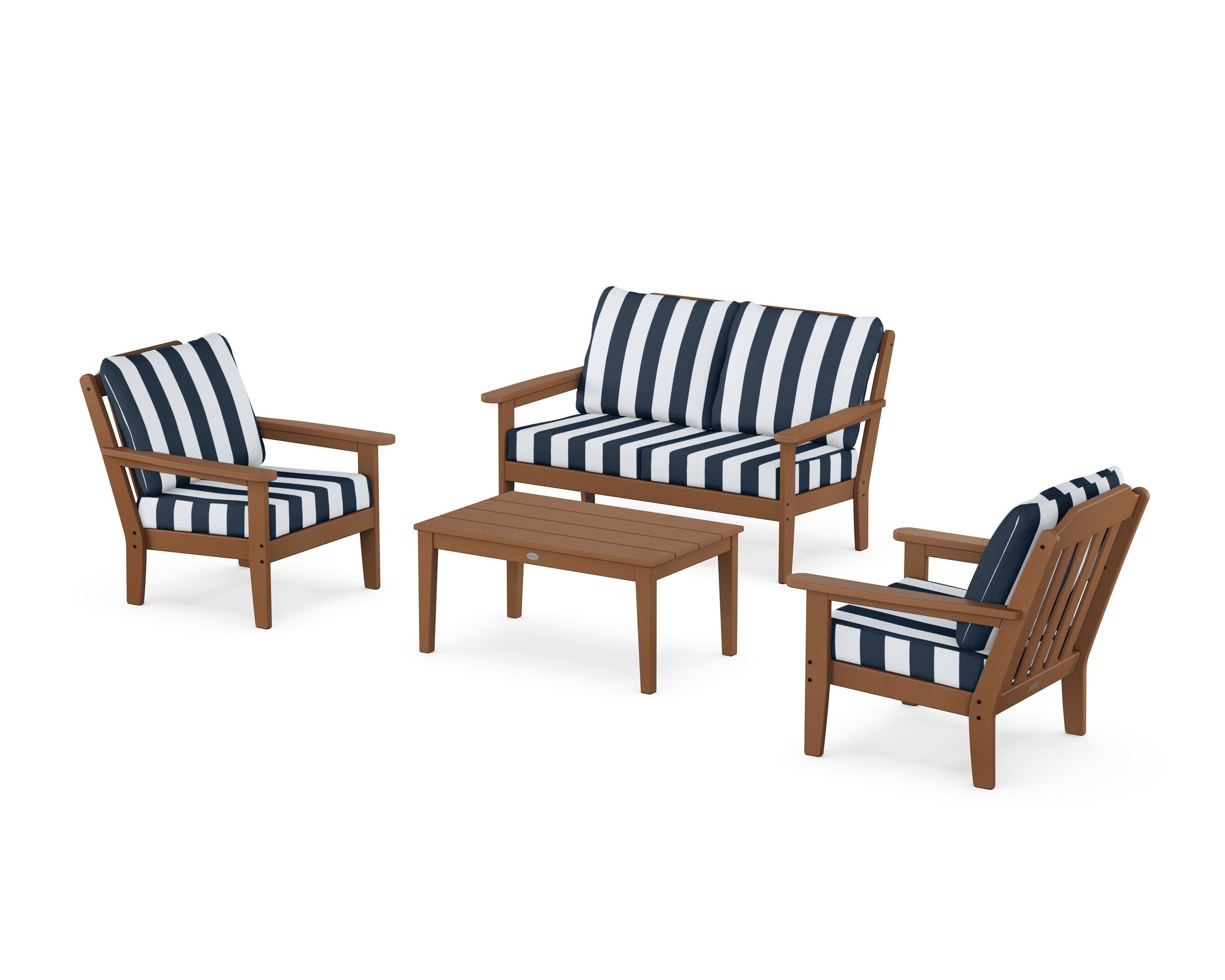 Cottage 4-Piece Deep Seating Set with Loveseat in Teak / Cabana Stripe Marine Indigo