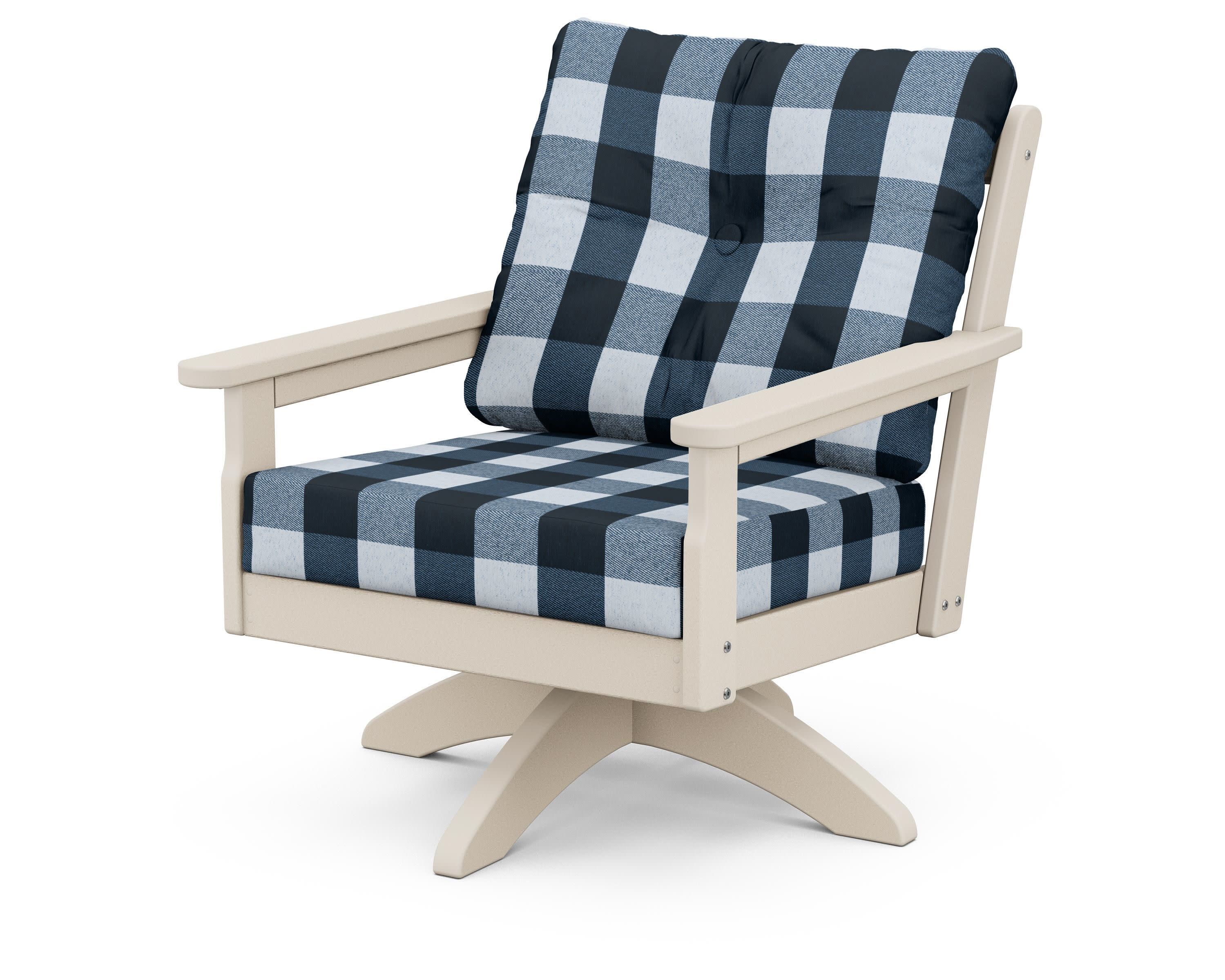 Vineyard Deep Seating Swivel Chair in Sand / Buffalo Plaid Marine Indigo