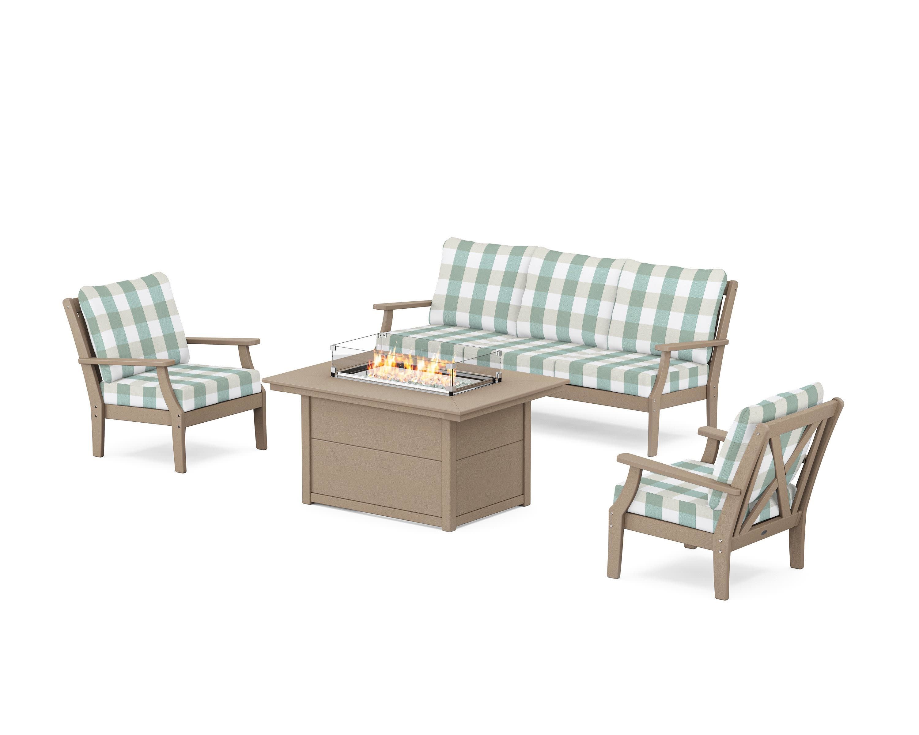 Braxton Deep Seating Fire Pit Table Set in Vintage Sahara / Buffalo Plaid Glacier Spa