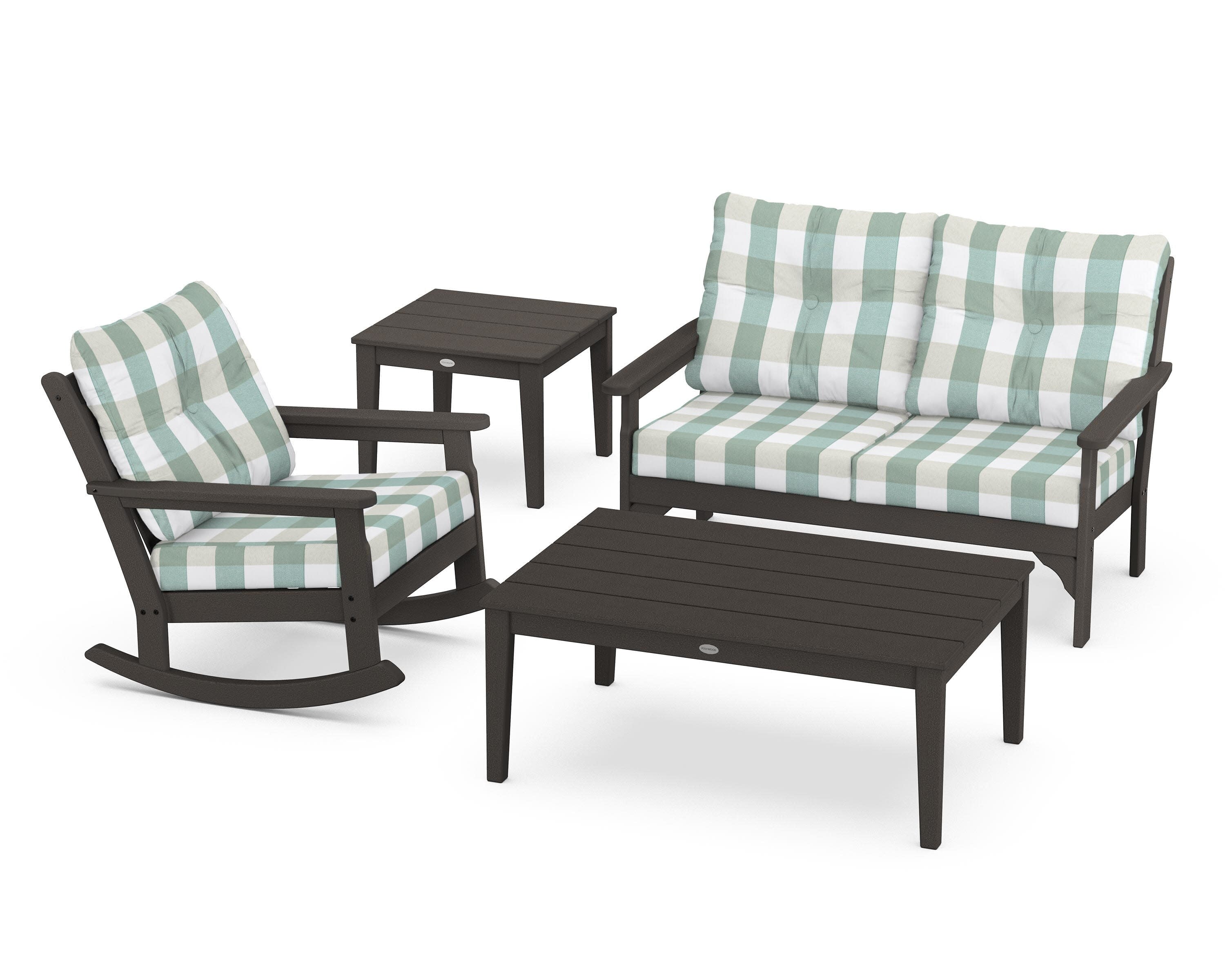 Vineyard 4-Piece Deep Seating Rocker Set in Vintage Coffee / Buffalo Plaid Glacier Spa