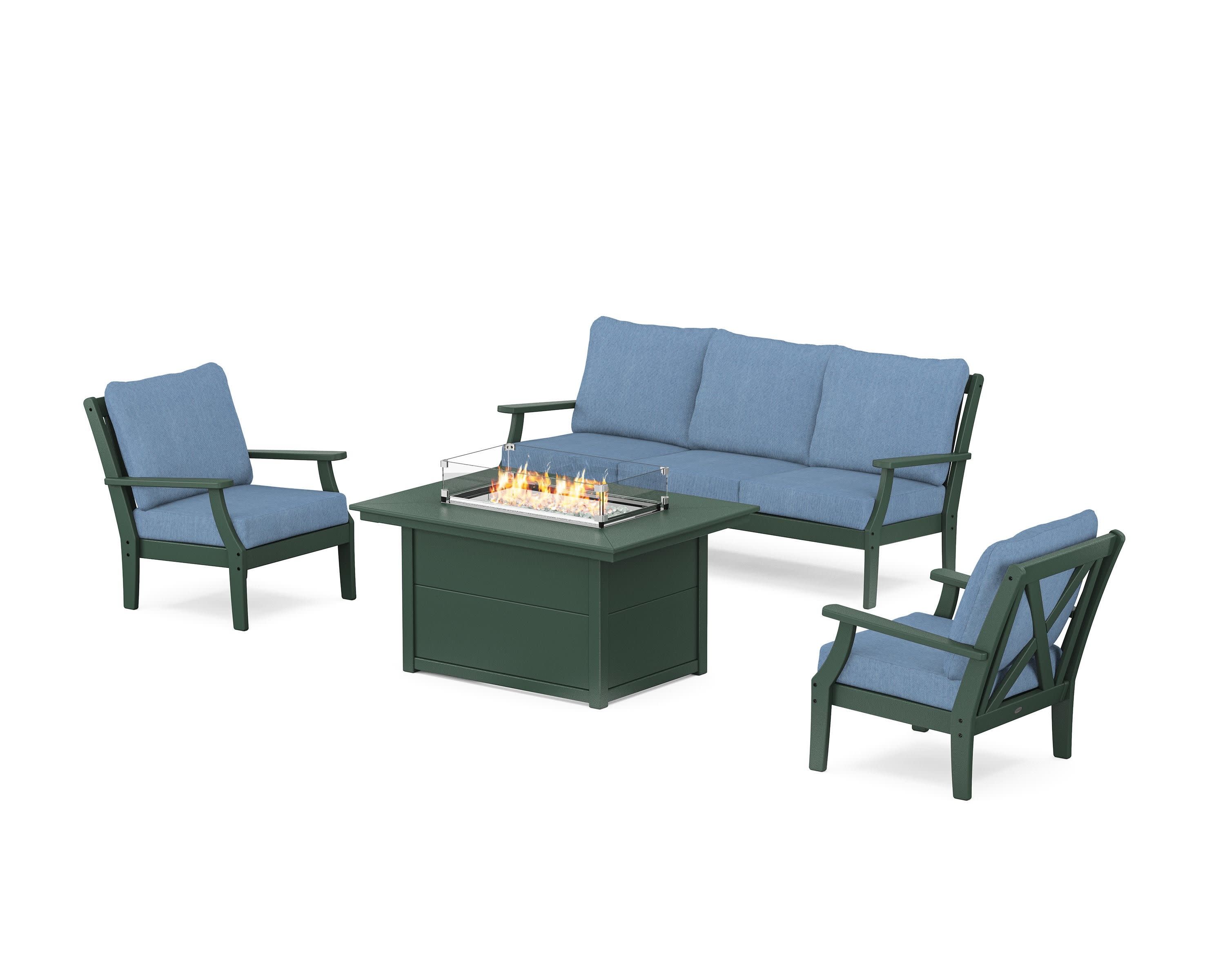 Braxton Deep Seating Fire Pit Table Set in Green / Sky Blue