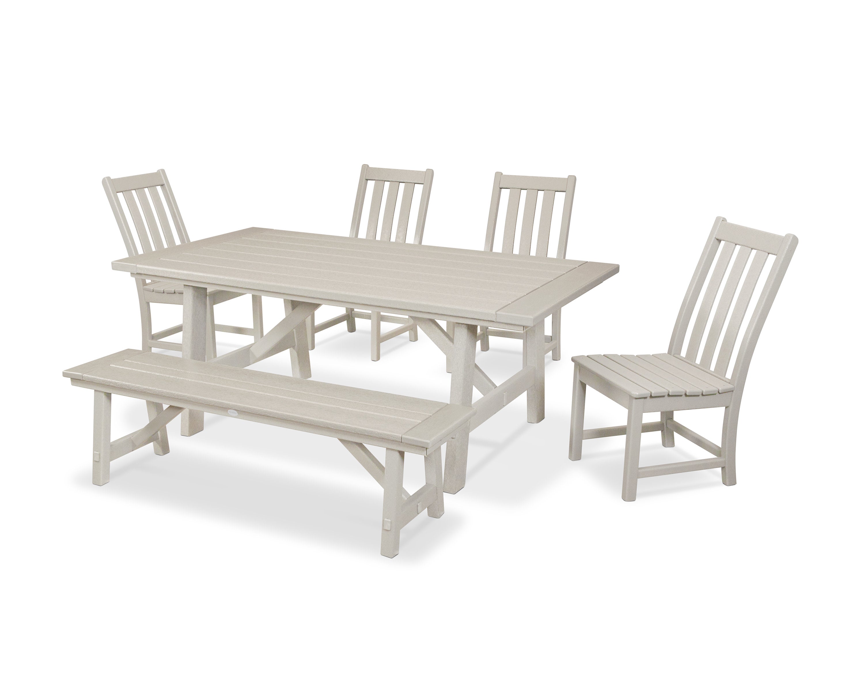 Vineyard 6-Piece Rustic Farmhouse Side Chair Dining Set with Bench in Sand
