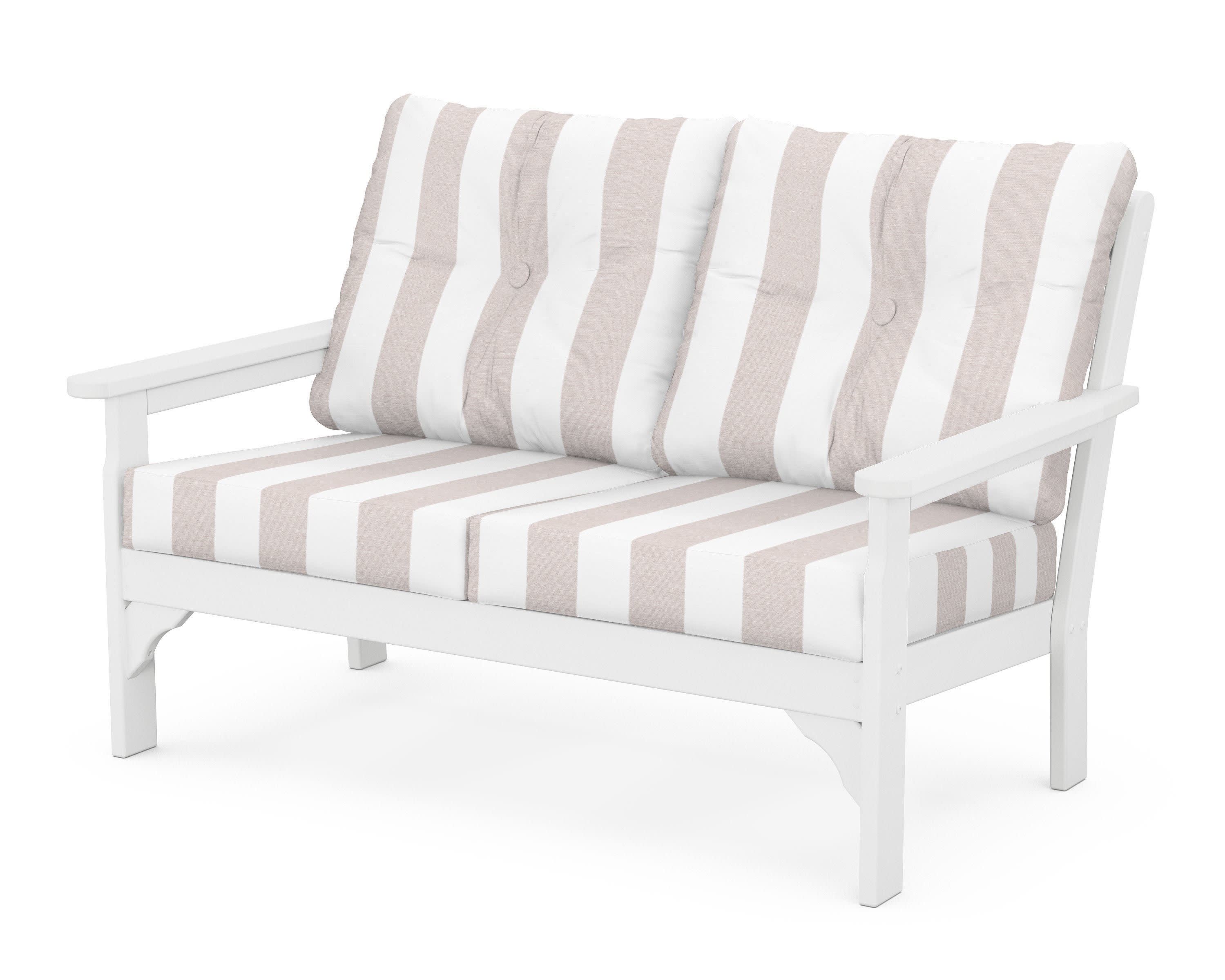Vineyard Deep Seating Loveseat in White / Cabana Stripe Dune Burlap