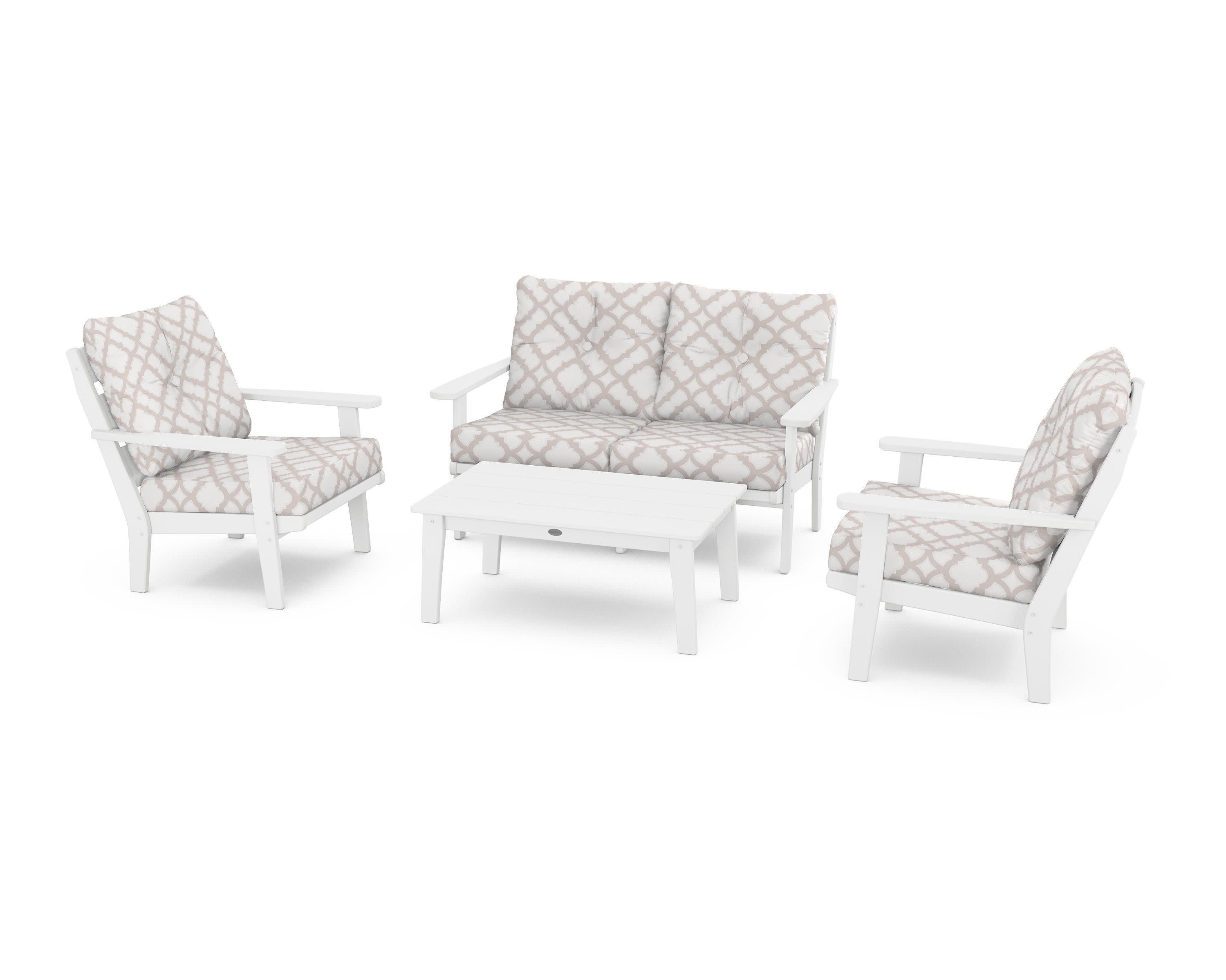 Lakeside 4-Piece Deep Seating Set in White / Trellis Dune Burlap
