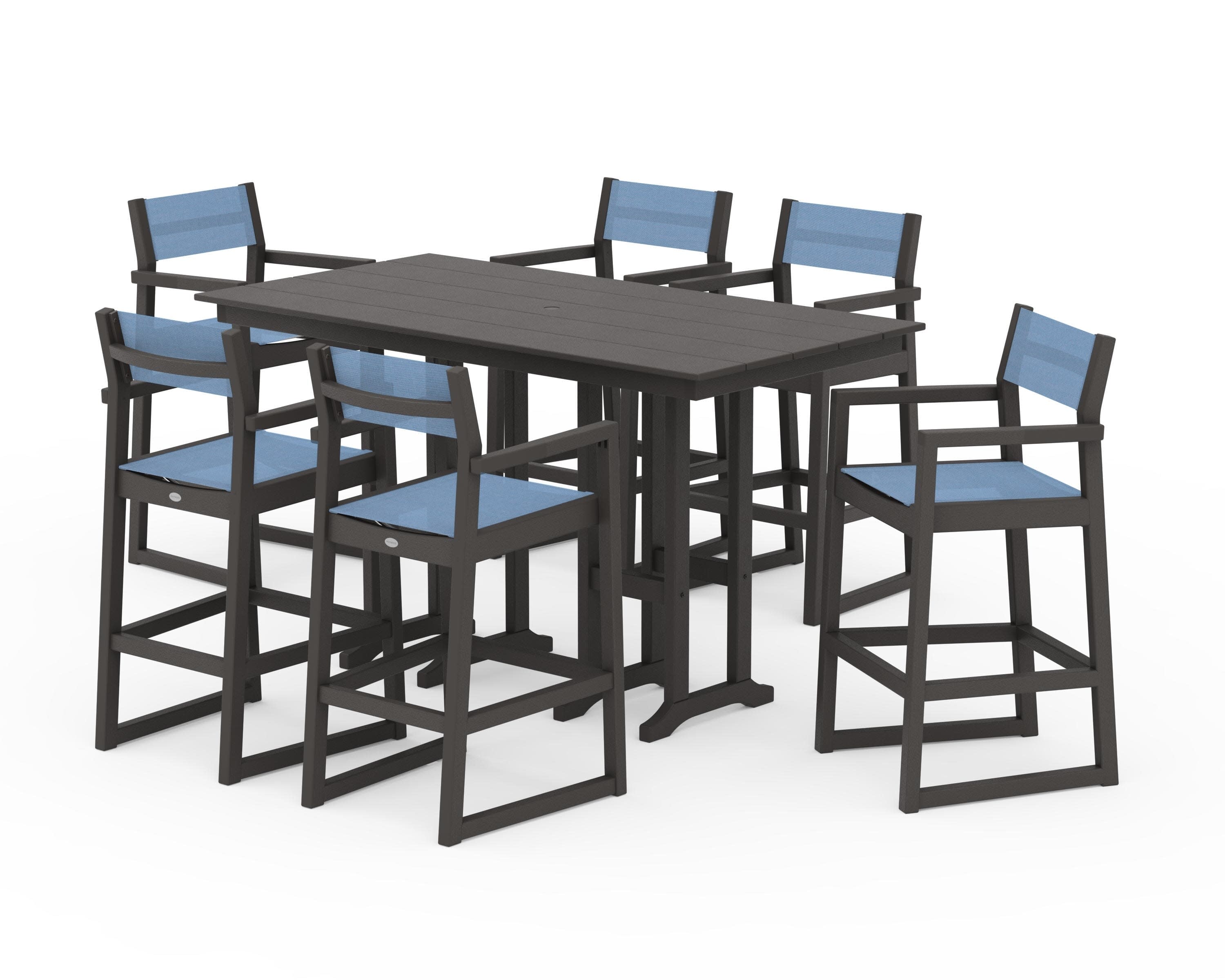 EDGE Sling Arm Chair 7-Piece Farmhouse Bar Set in Vintage Coffee / Poolside Sling