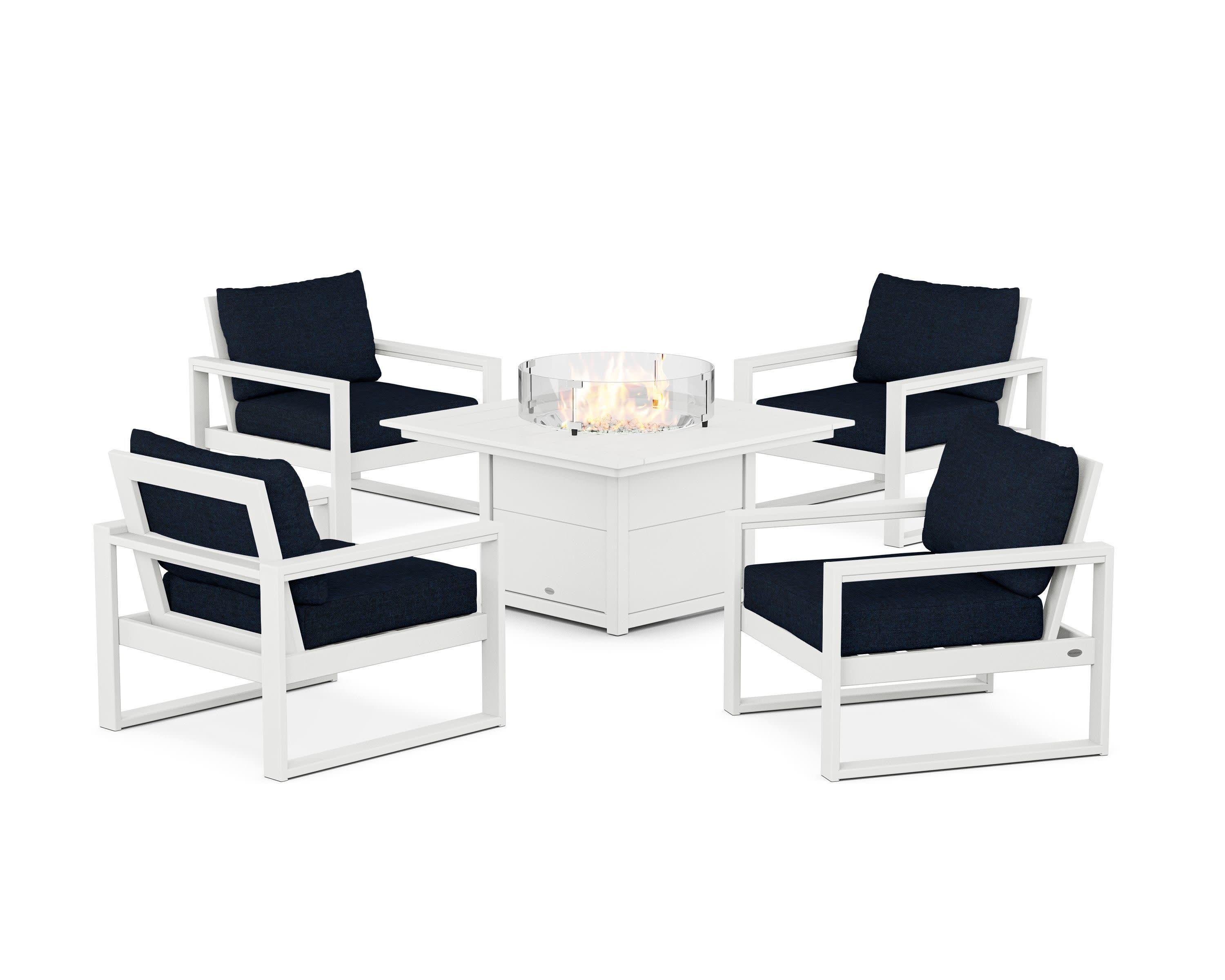 EDGE Sectional 5-Piece Deep Seating Set with Fire Pit Table in White / Marine Indigo