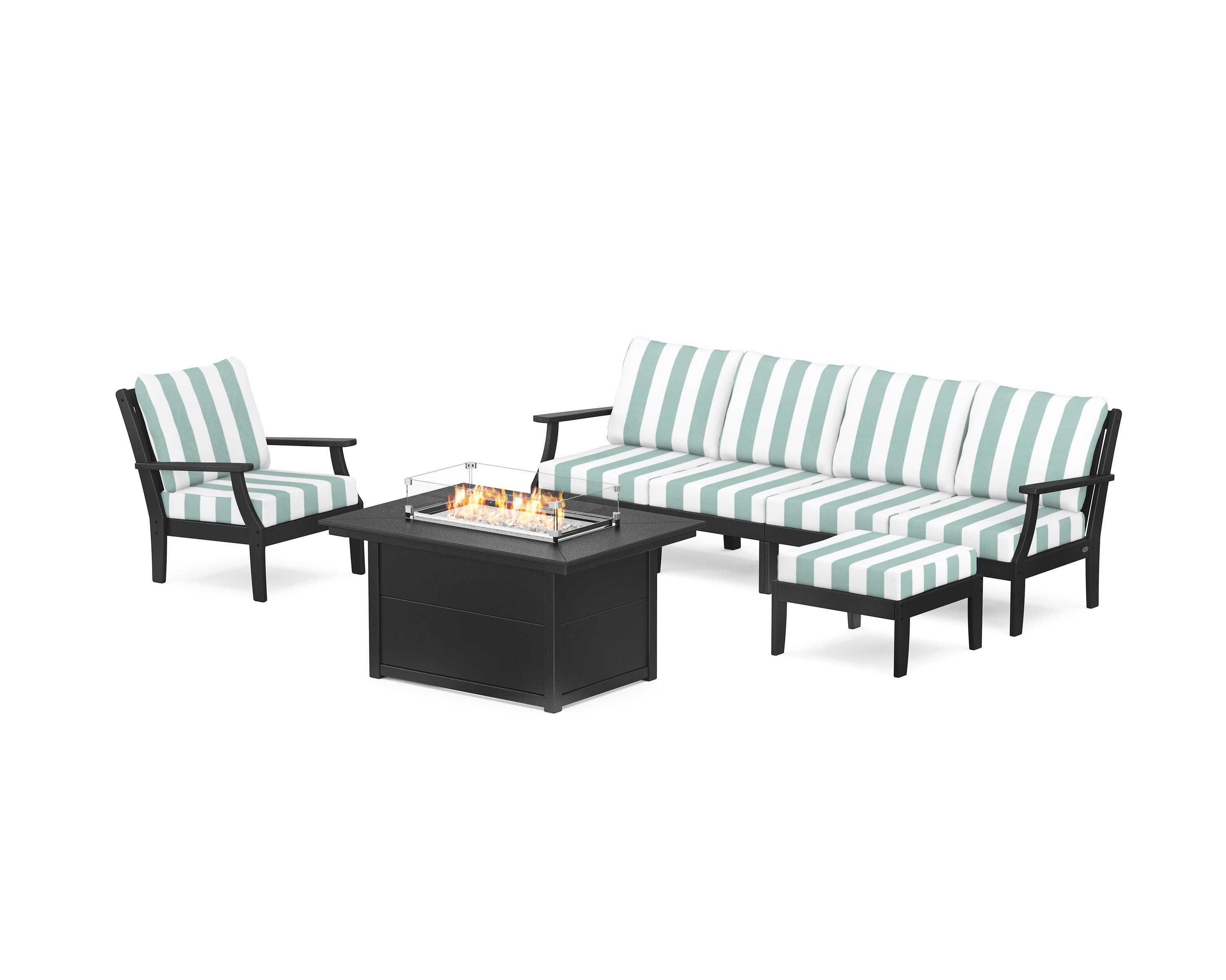 Braxton Sectional Lounge and Fire Pit Set in Black / Cabana Stripe Glacier Spa