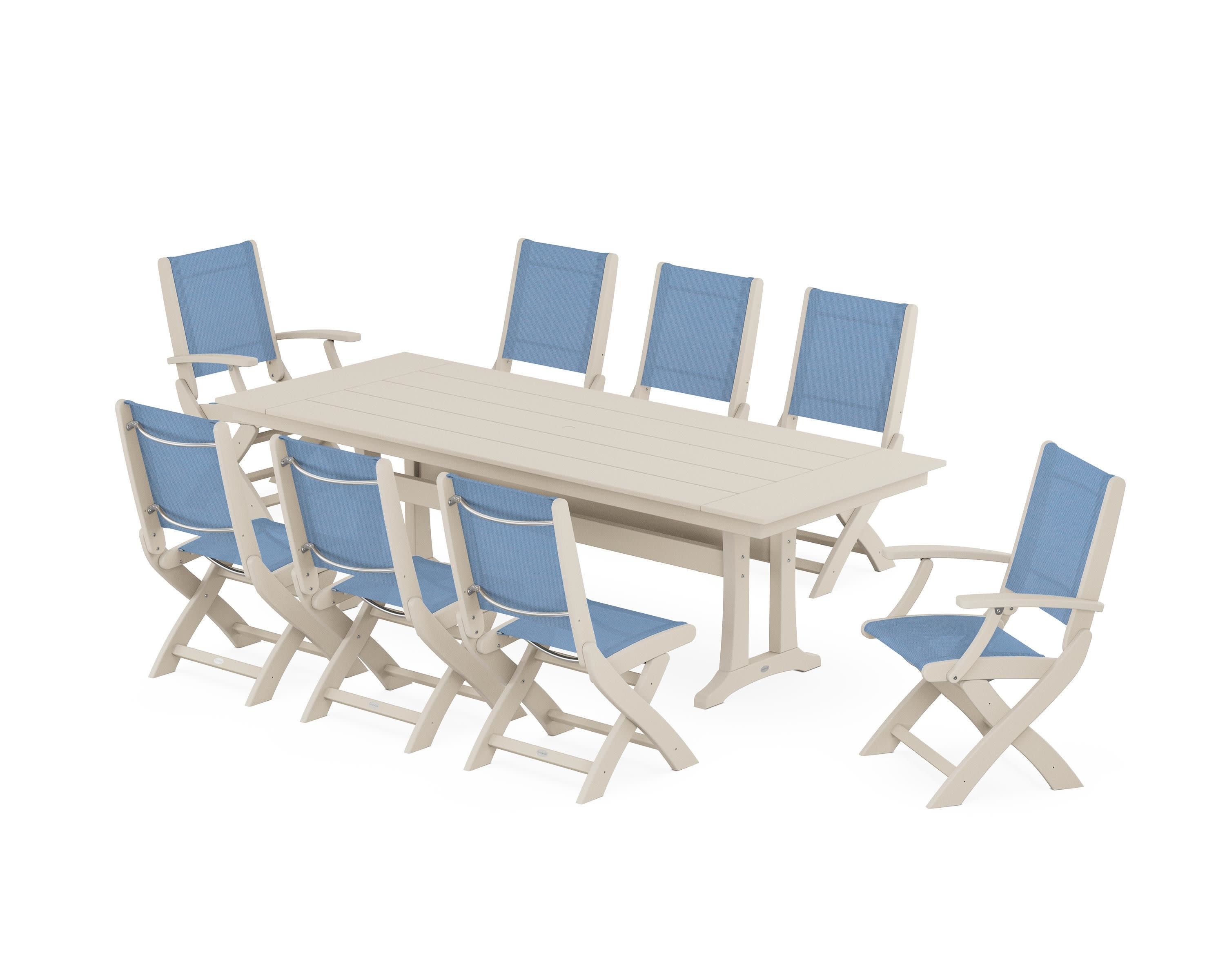 Coastal 9-Piece Folding Dining Chair Farmhouse Dining Set with Trestle Legs in Sand / Poolside Sling