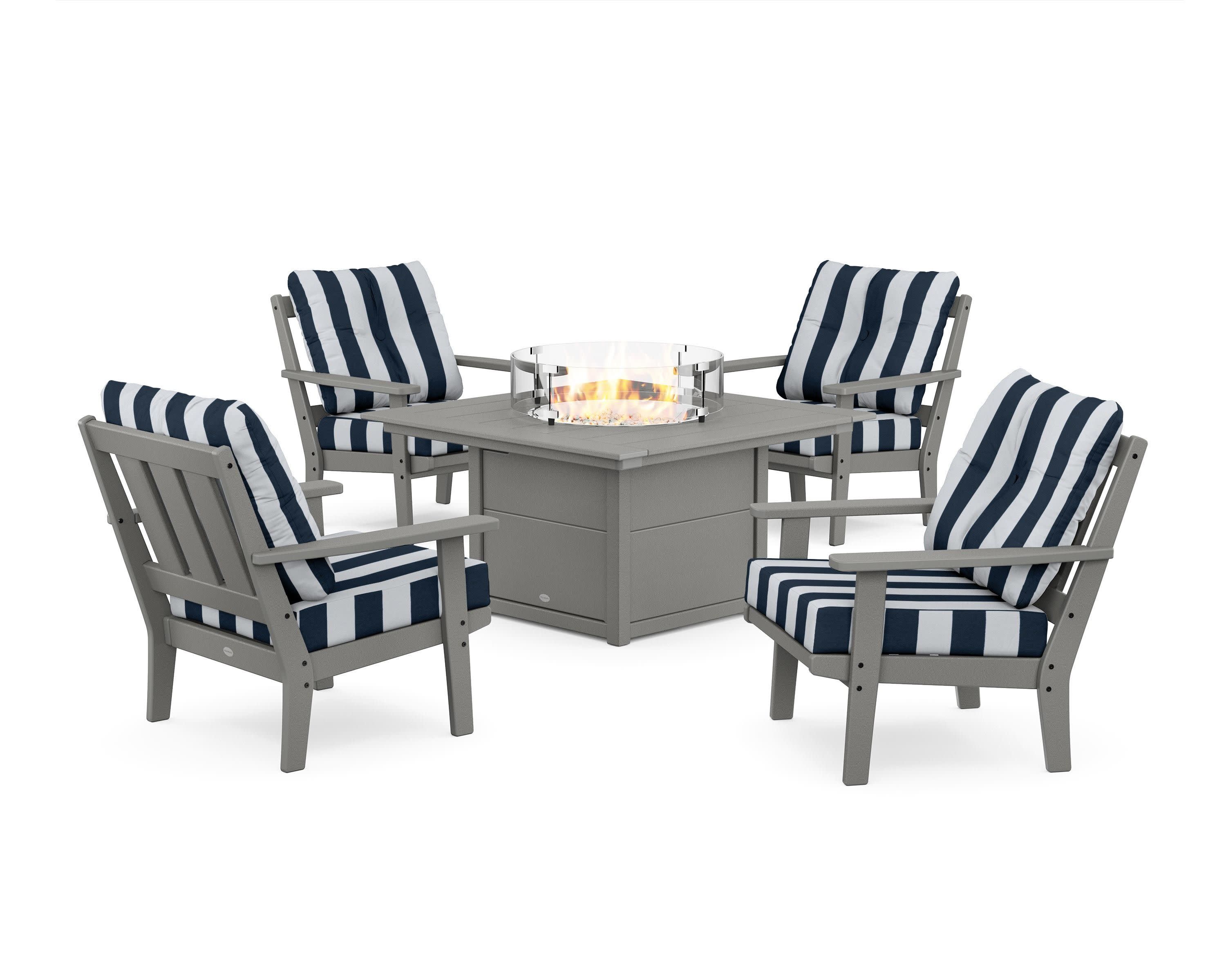Oxford 5-Piece Deep Seating Set with Fire Pit Table in Slate Grey / Cabana Stripe Marine Indigo