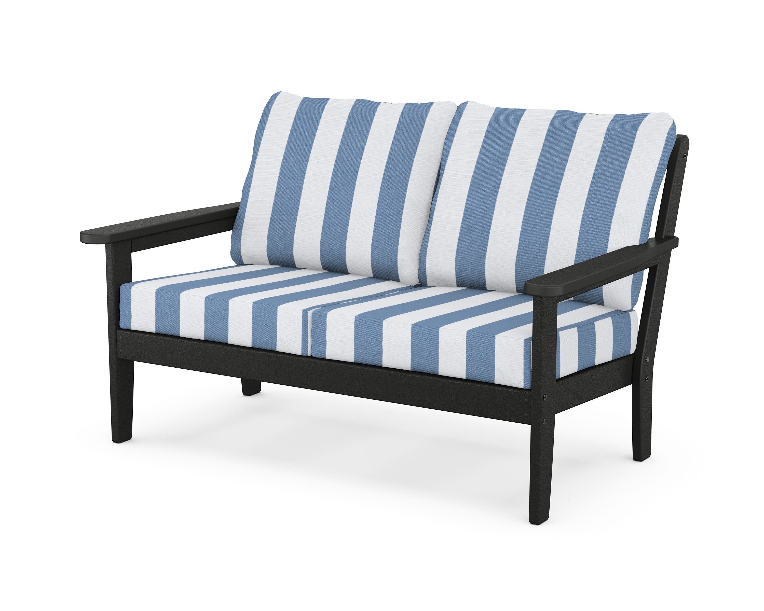 Cottage Deep Seating Loveseat in Black / Cabana Stripe Sky Blue