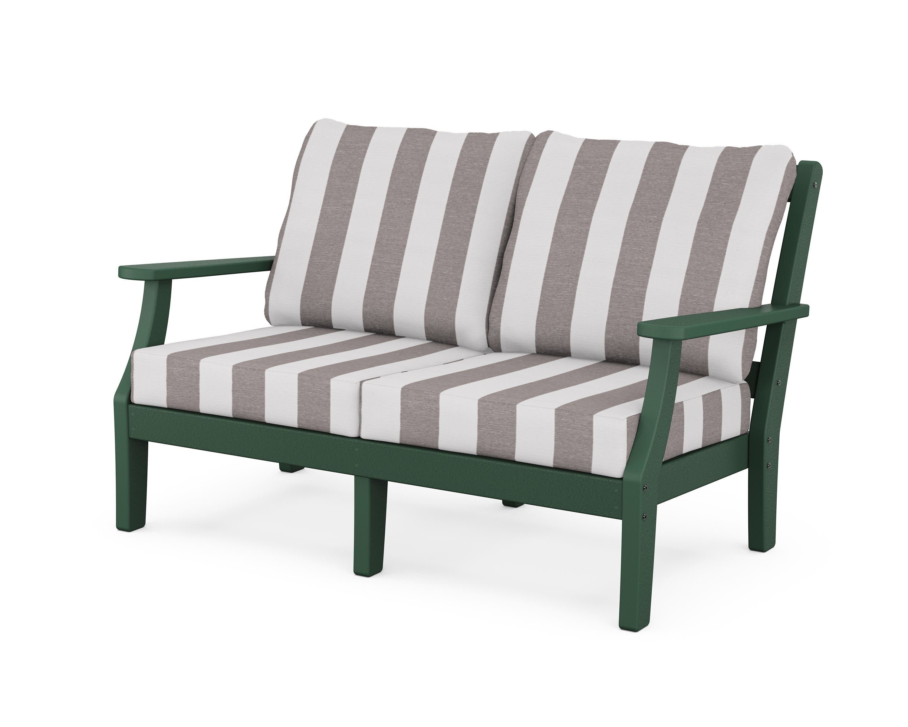 Chinoiserie Deep Seating Loveseat in Green / Cabana Stripe Grey Mist