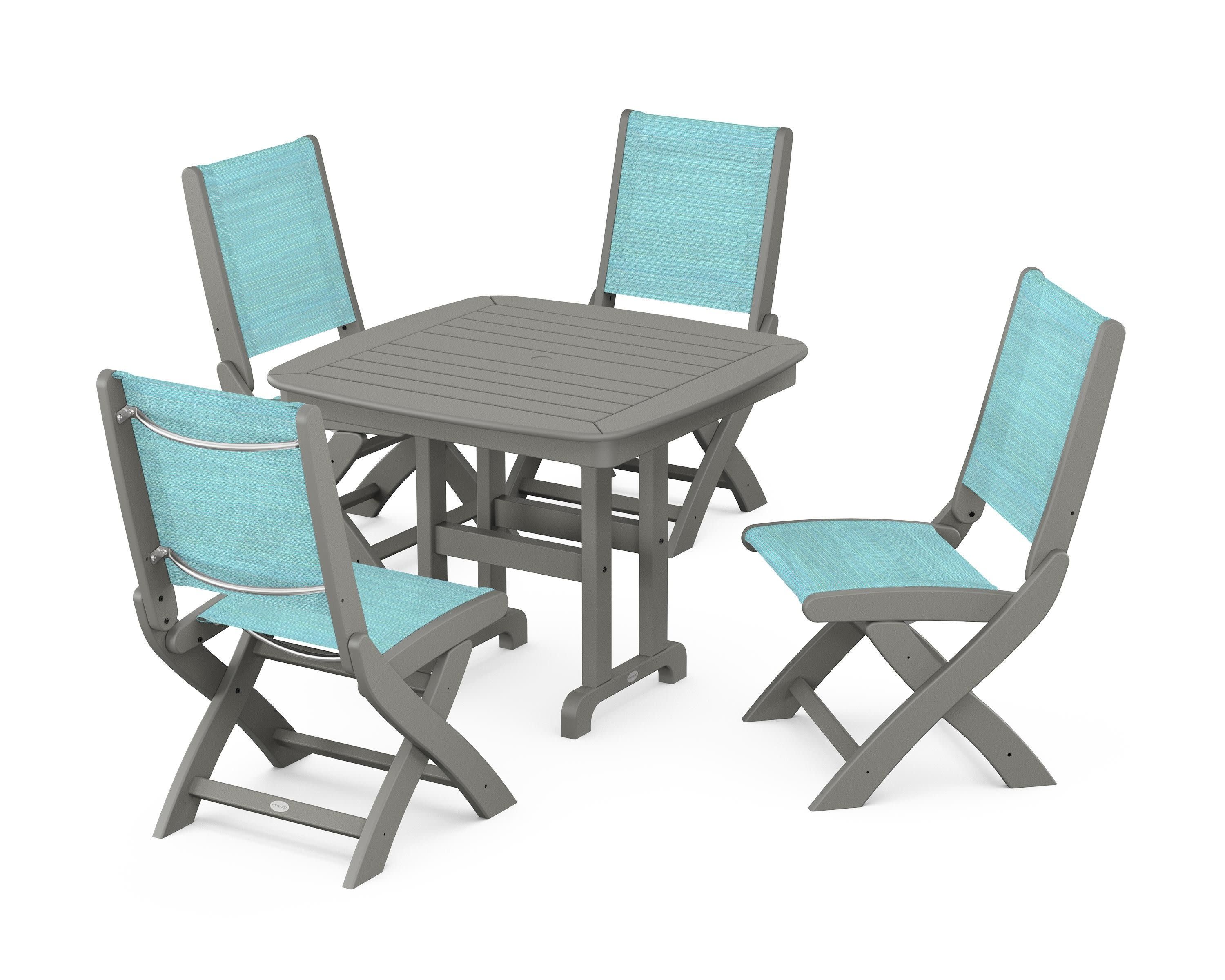 Coastal Folding Side Chair 5-Piece Dining Set in Slate Grey / Dupioni Aquamarine Sling