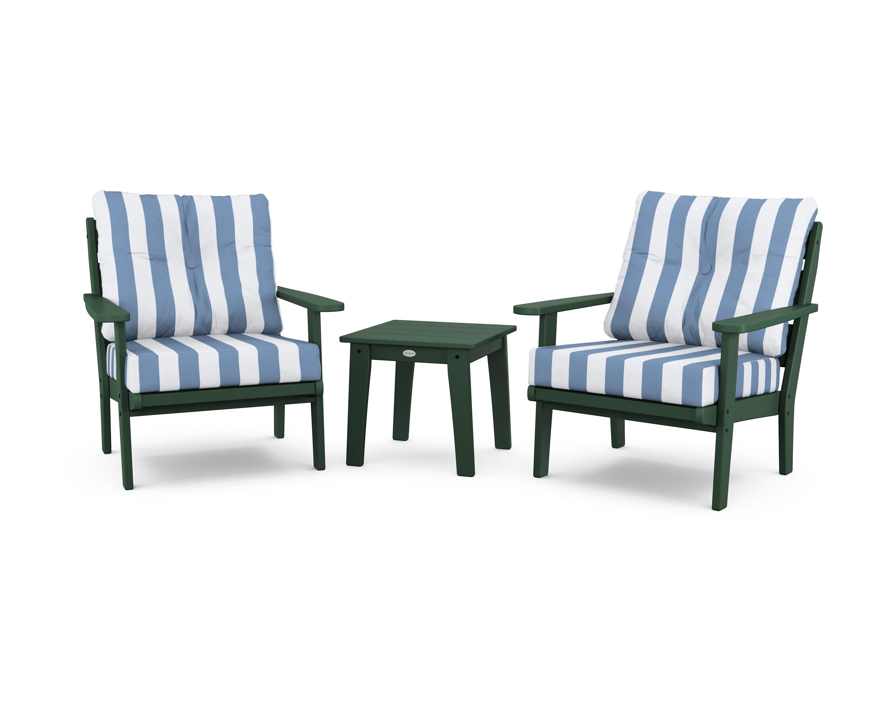 Lakeside 3-Piece Deep Seating Chair Set in Green / Cabana Stripe Sky Blue