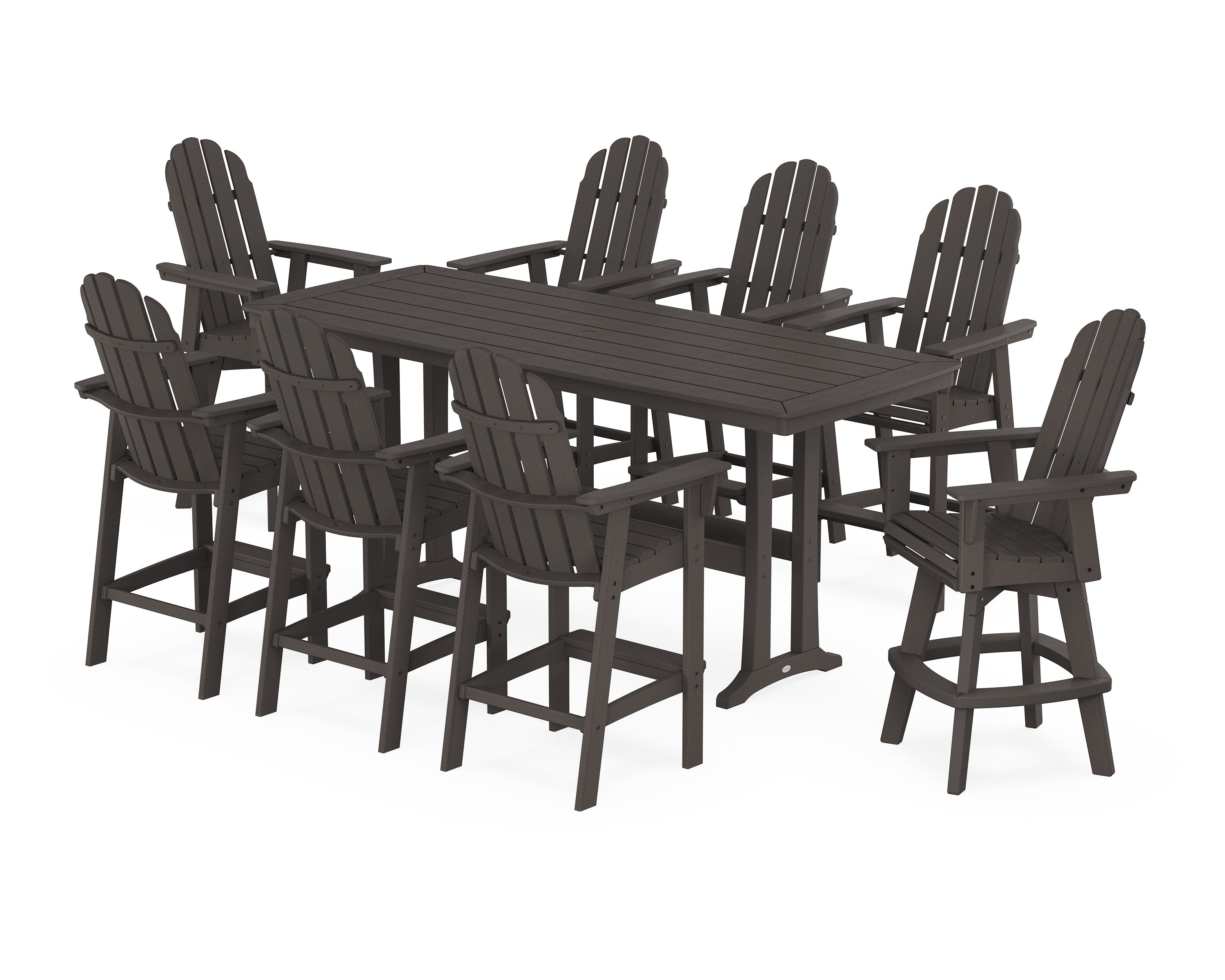 Vineyard Curveback Adirondack Swivel 9-Piece Bar Set with Trestle Legs in Vintage Coffee