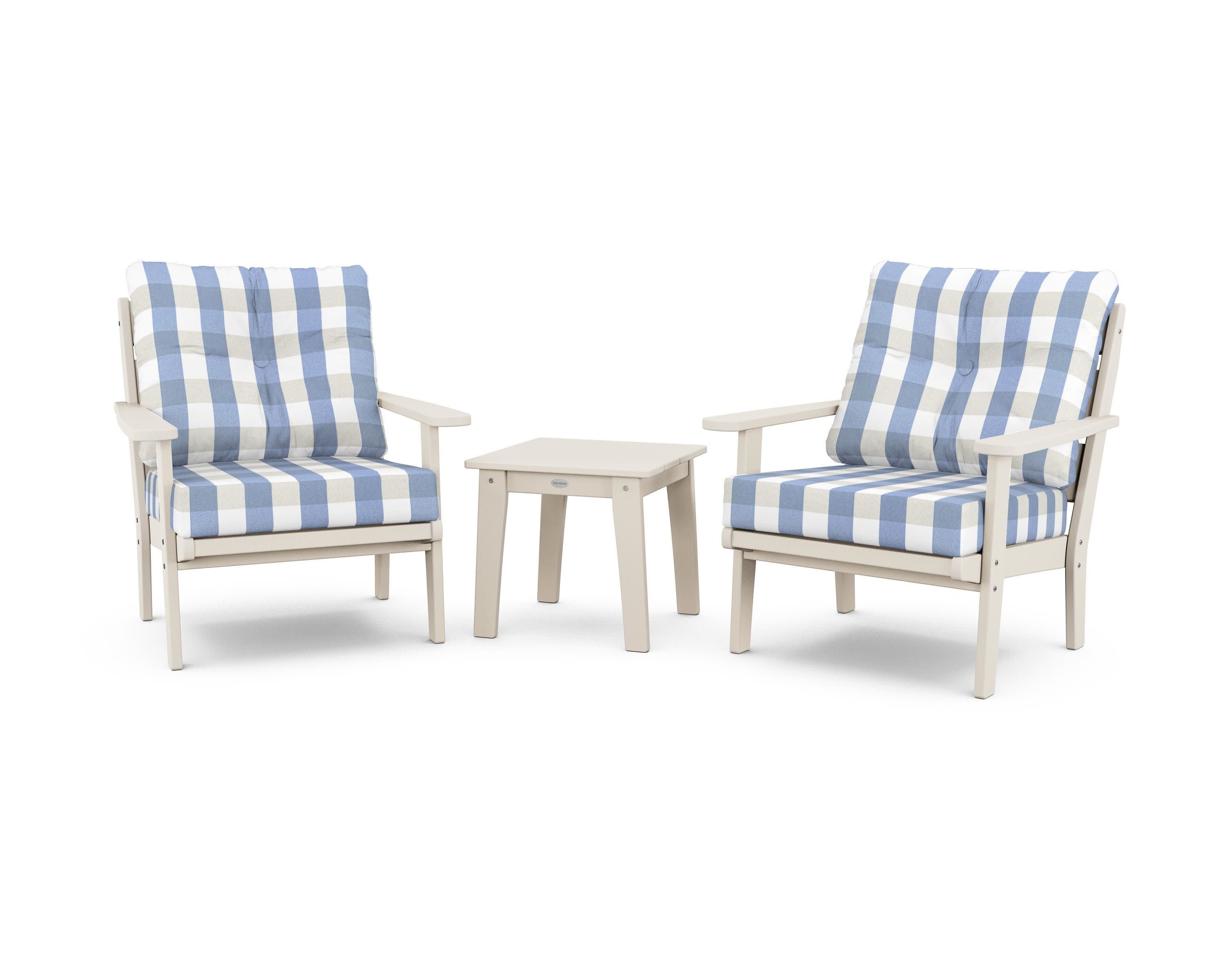 Lakeside 3-Piece Deep Seating Chair Set in Sand / Buffalo Plaid Sky Blue