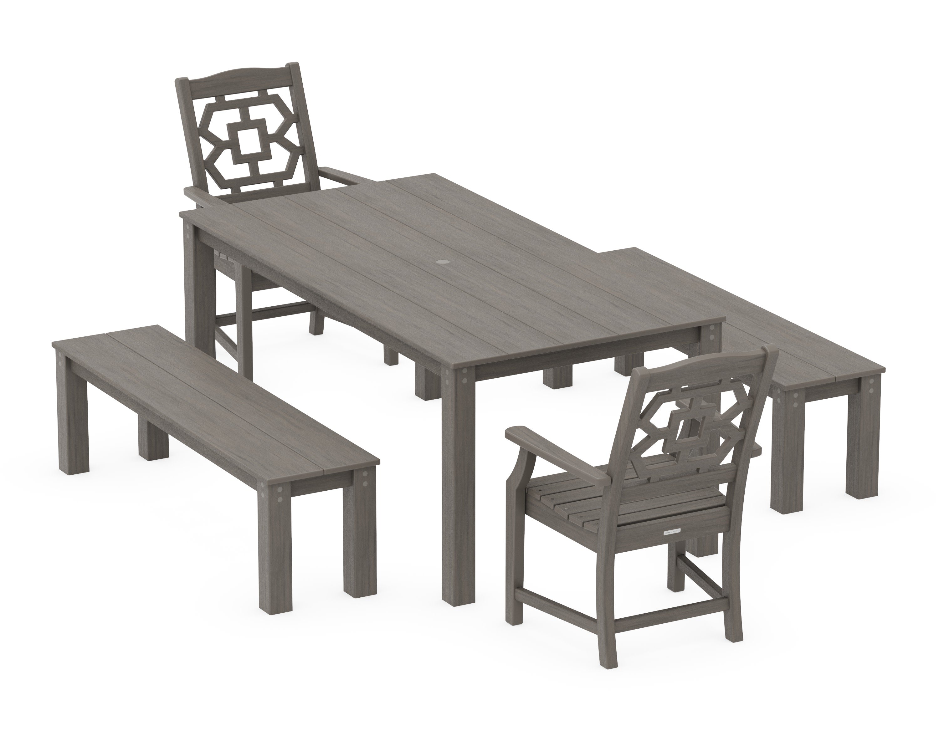 Chinoiserie 5-Piece Parsons Dining Set with Benches in Driftwood
