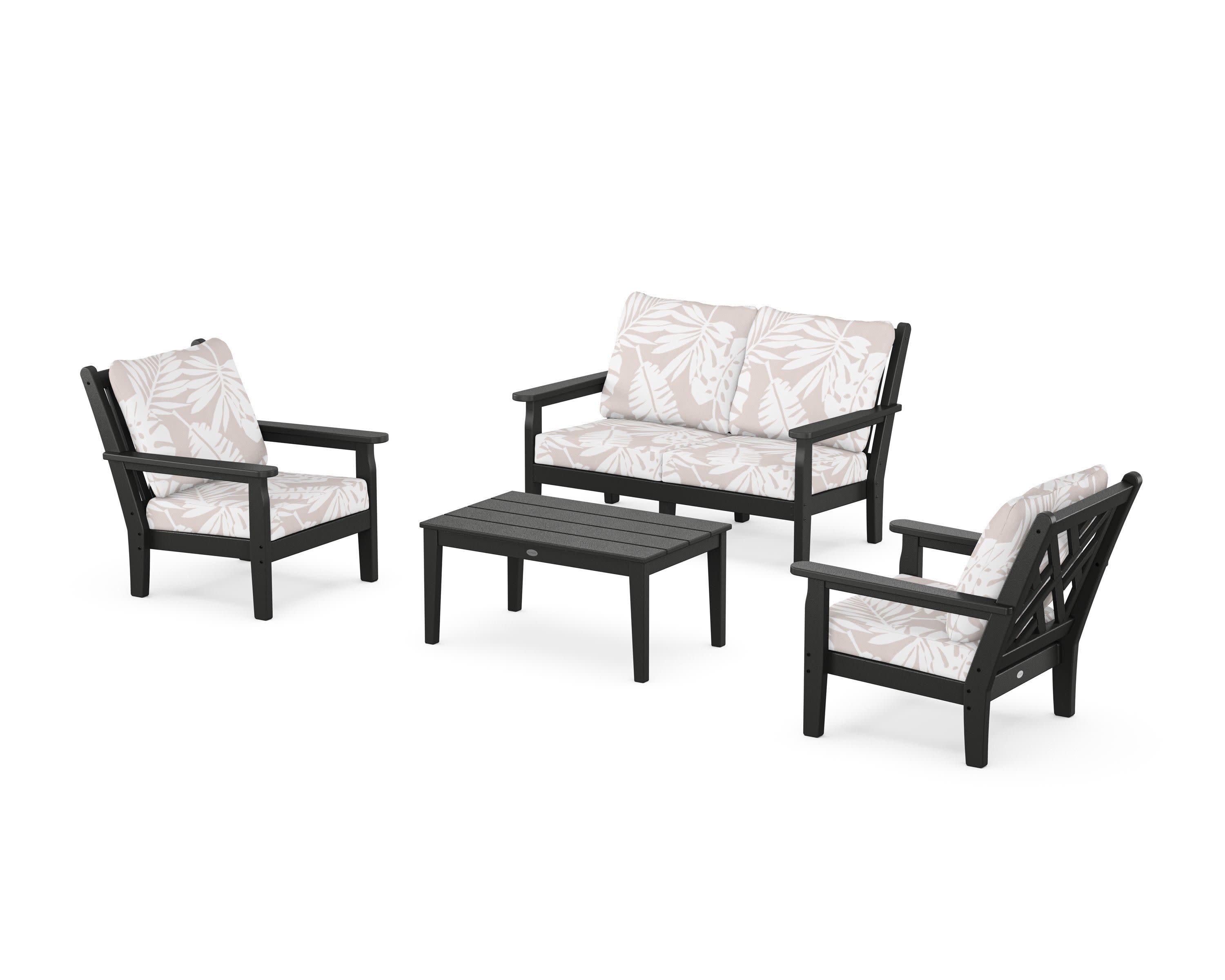 Chippendale 4-Piece Deep Seating Set with Loveseat in Black / Leaf Dune Burlap