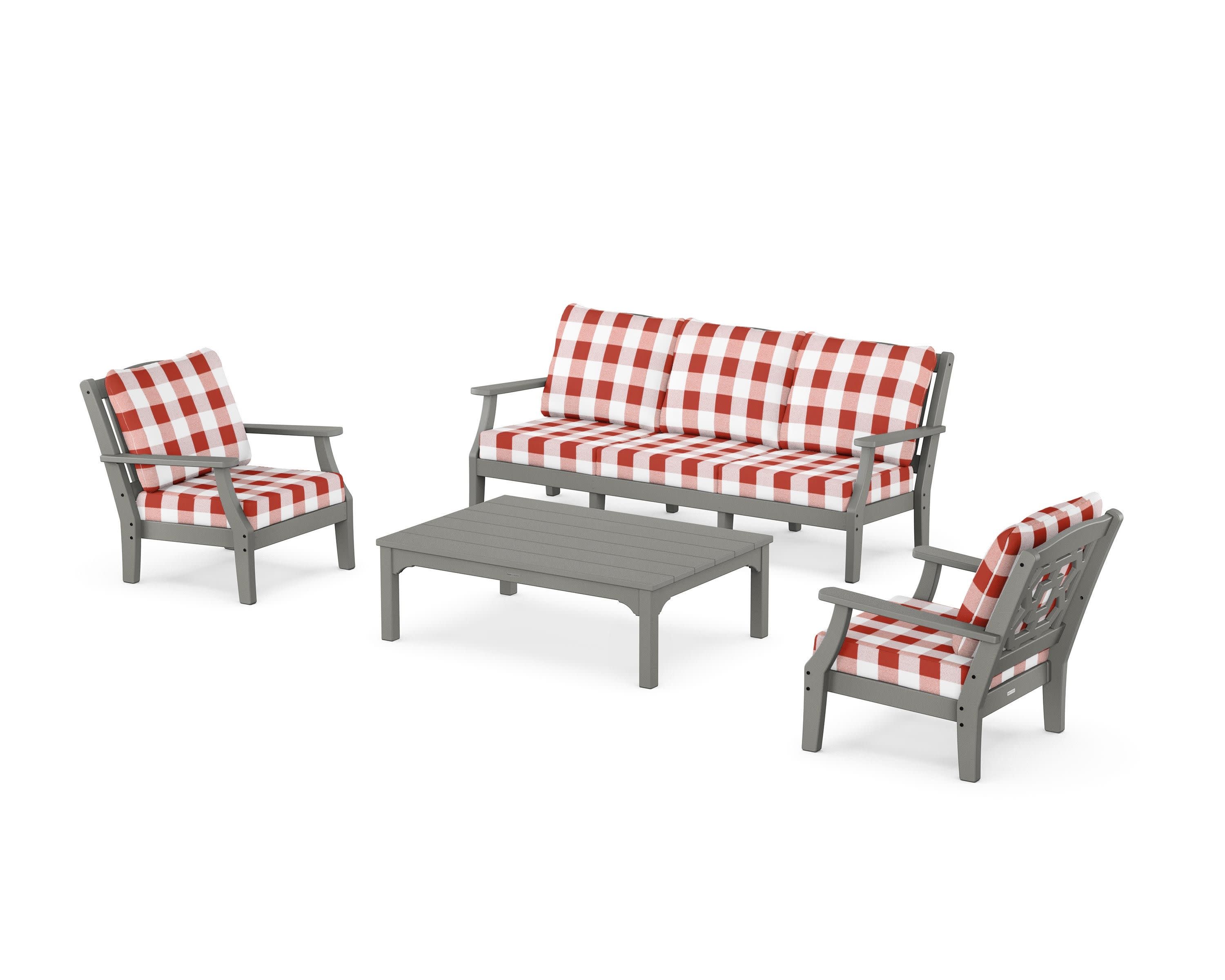 Chinoiserie 4-Piece Deep Seating Set with Sofa in Slate Grey / Buffalo Plaid Crimson