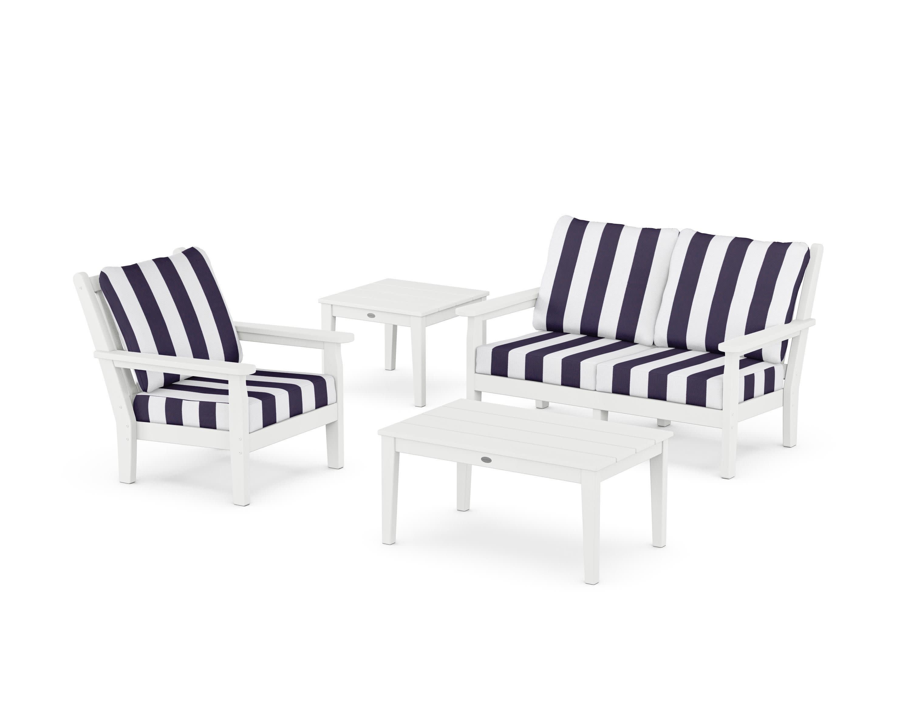 Chippendale 4-Piece Deep Seating Set in White / Cabana Stripe Navy