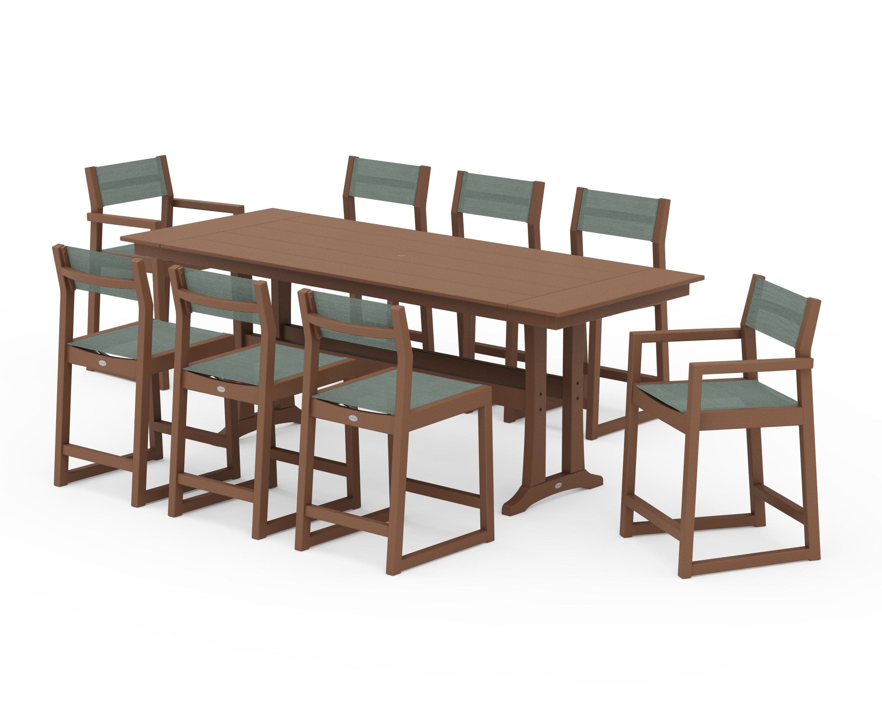 EDGE Sling 9-Piece Farmhouse Counter Set with Trestle Legs in Teak / Dupioni Sea Mist Sling