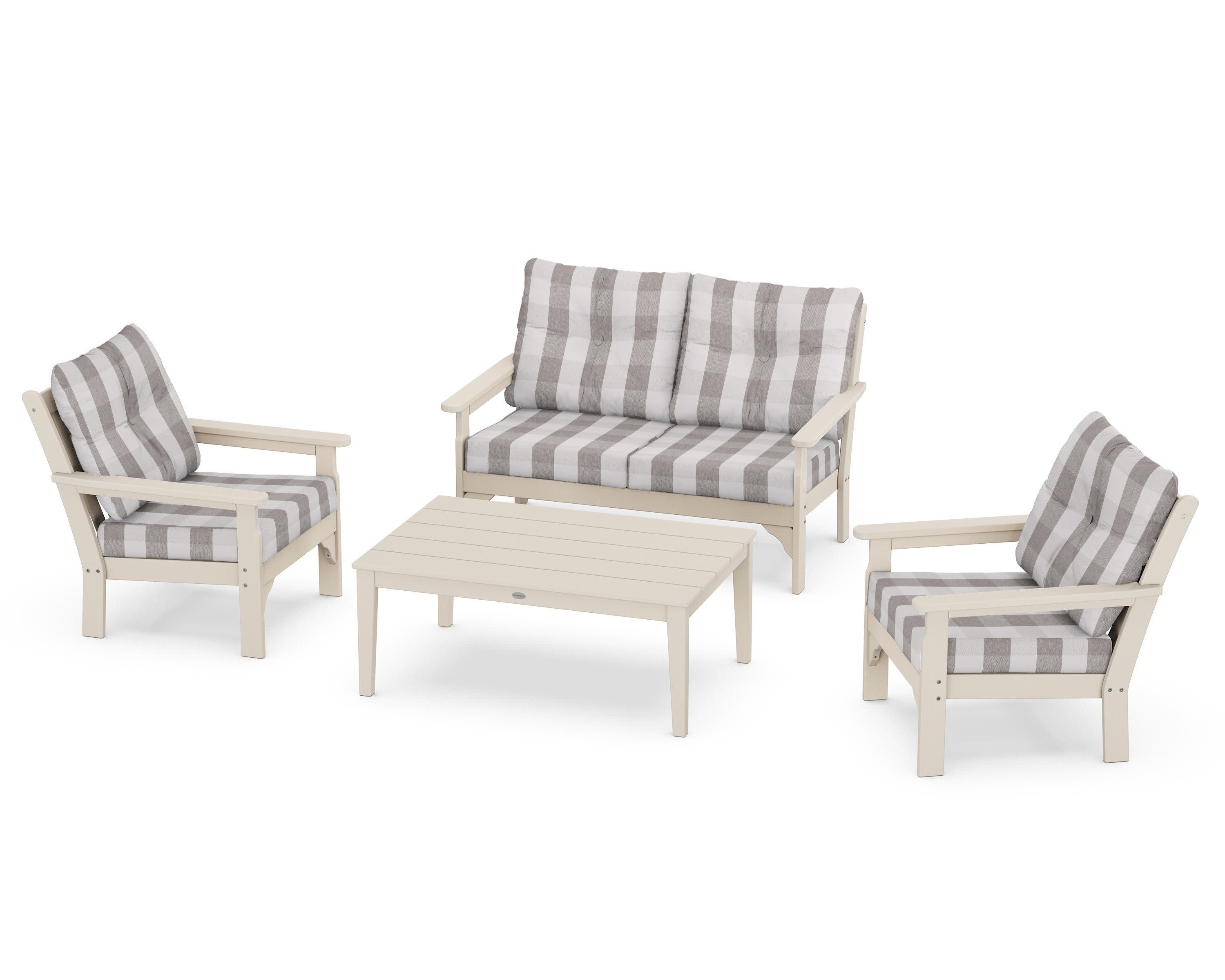 Vineyard 4-Piece Deep Seating Set in Sand / Buffalo Plaid Grey Mist