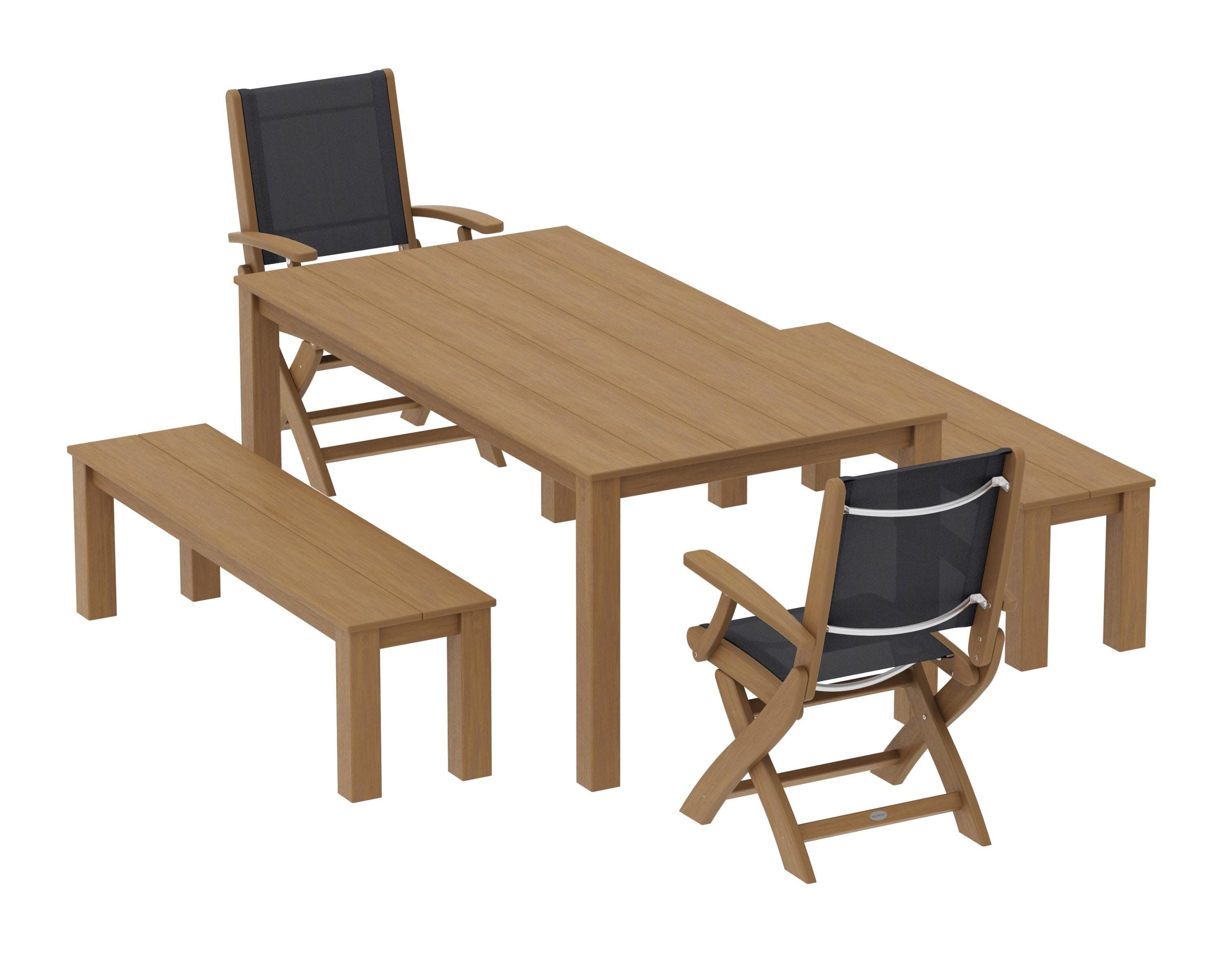 Coastal Folding Chair 5-Piece Parsons Dining Set with Benches in Natural / Black Sling