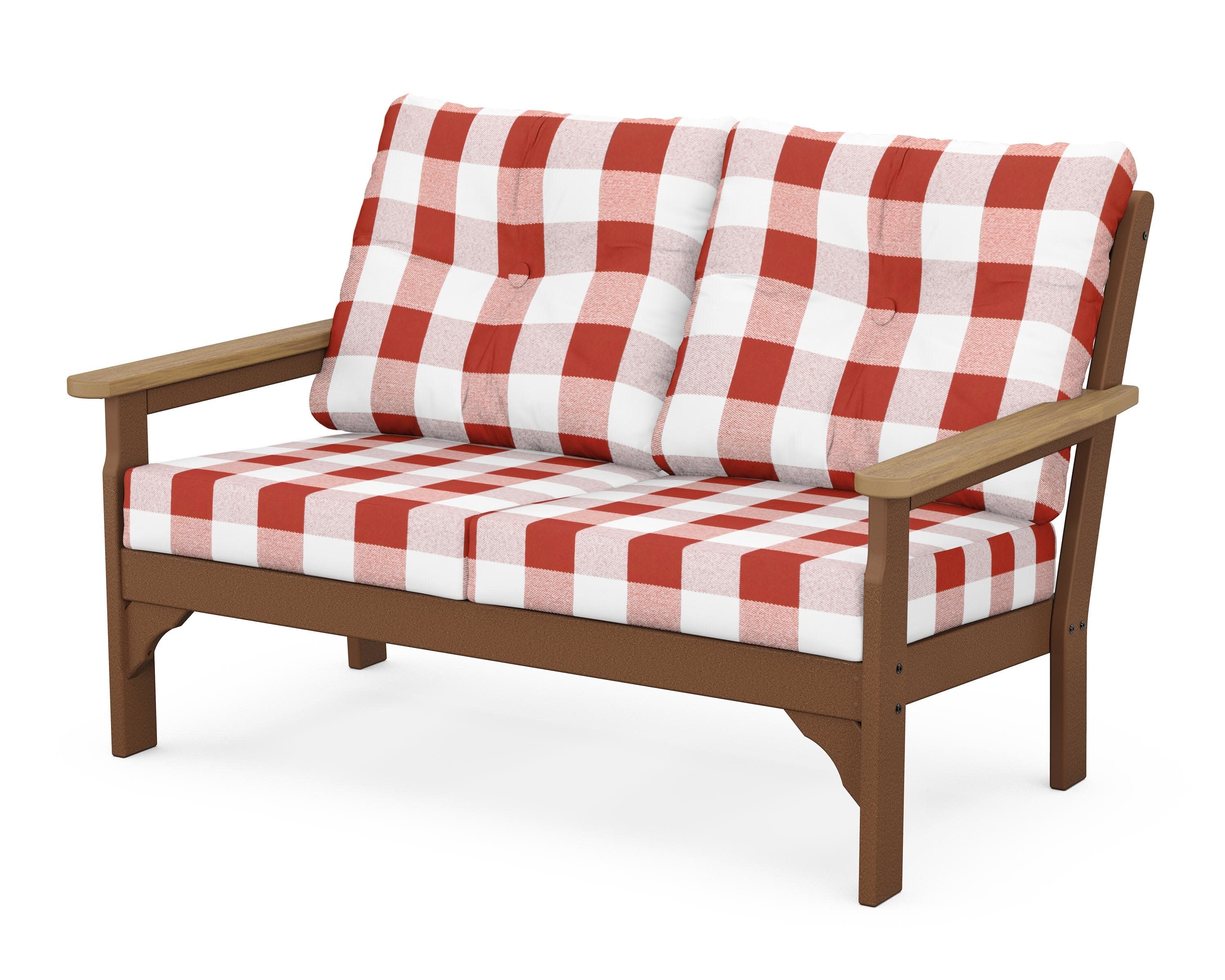 Vineyard Deep Seating Loveseat in Teak / Natural / Buffalo Plaid Crimson
